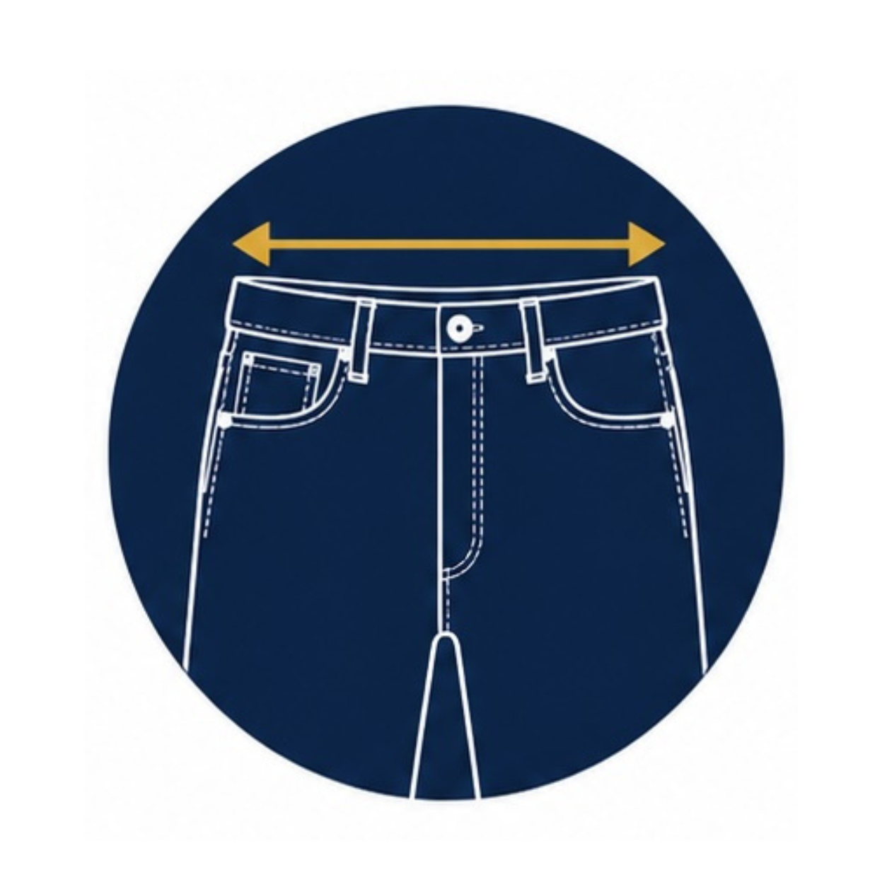 Graphic illustration of jeans with a yellow arrow indicating the waist measurement.