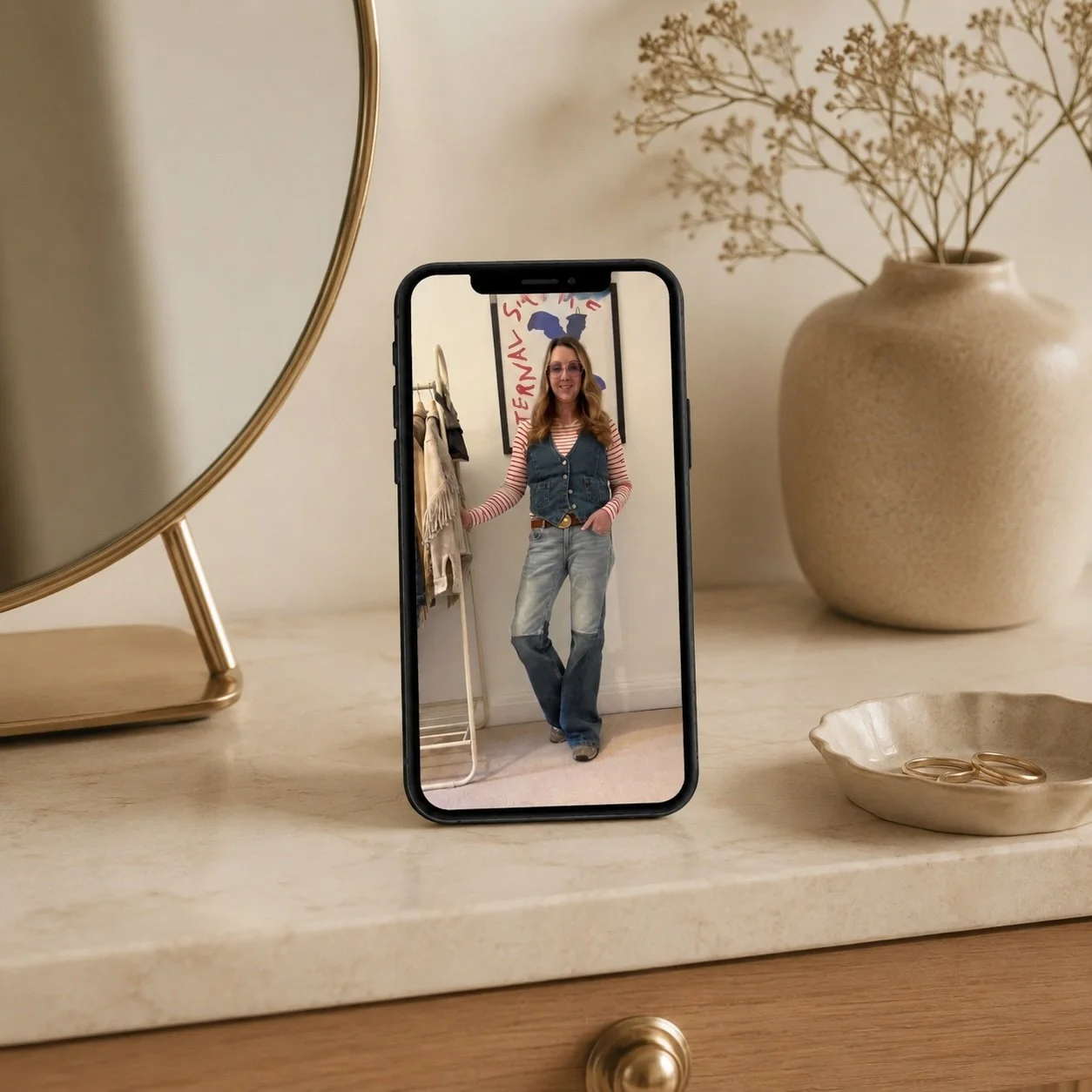 A smartphone on a dresser displaying a woman posing in front of a mirror, wearing a striped shirt, denim vest, and jeans, with a large beige vase with dried flowers and a decorative tray with rings in the background.