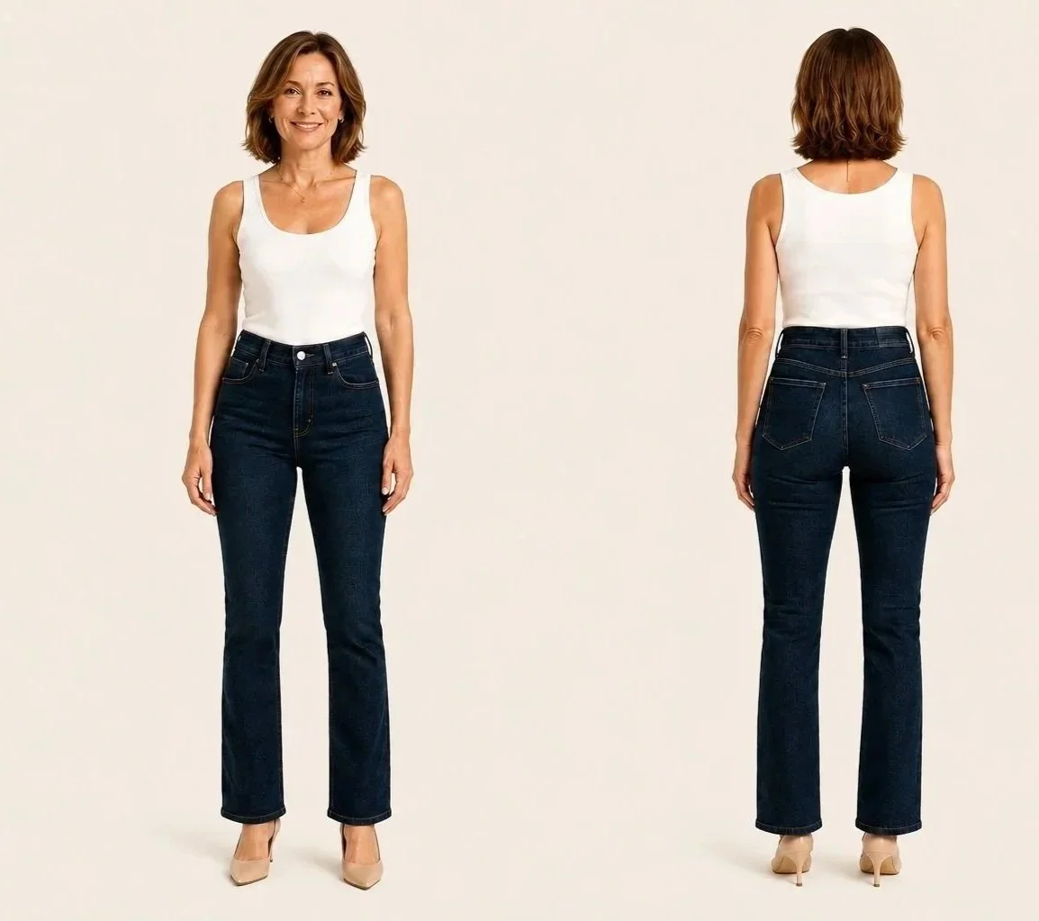Front and back view of a petite woman wearing dark straight-leg jeans, illustrating how well-proportioned rise, pocket placement and fit create a balanced silhouette.