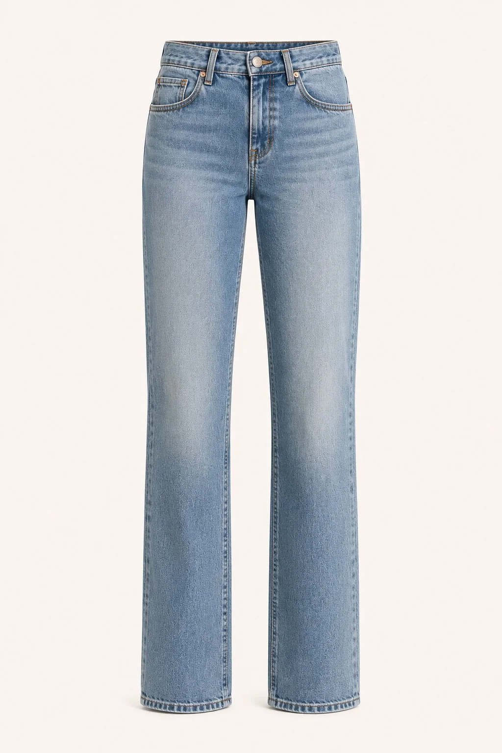 Pair of light blue high-waisted straight-leg jeans with front pockets, belt loops, and a front button closure.