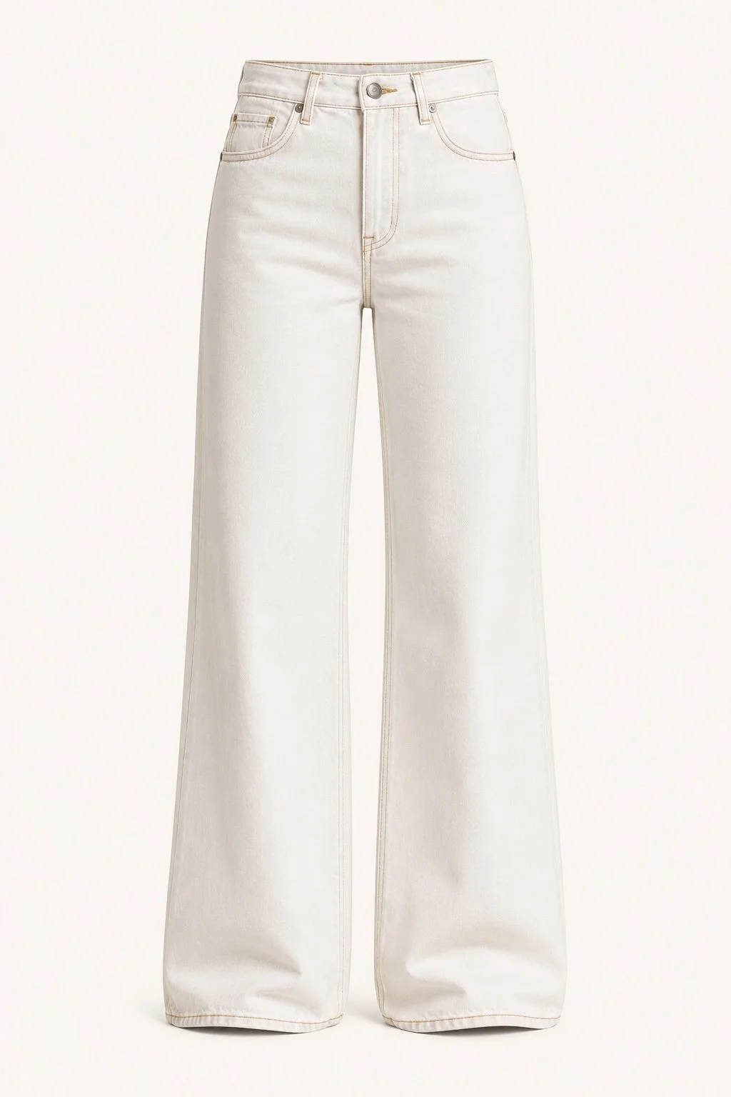 A pair of white high-waisted, wide-leg jeans against a plain background.