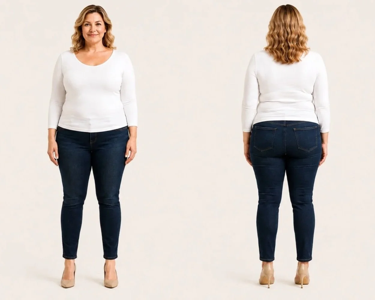 Woman representing an apple body shape in dark blue jeans and a white top.