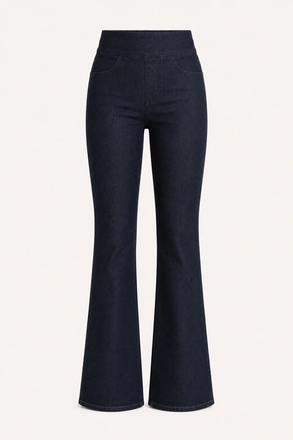 Black high-waisted flare jeans against a plain background.
