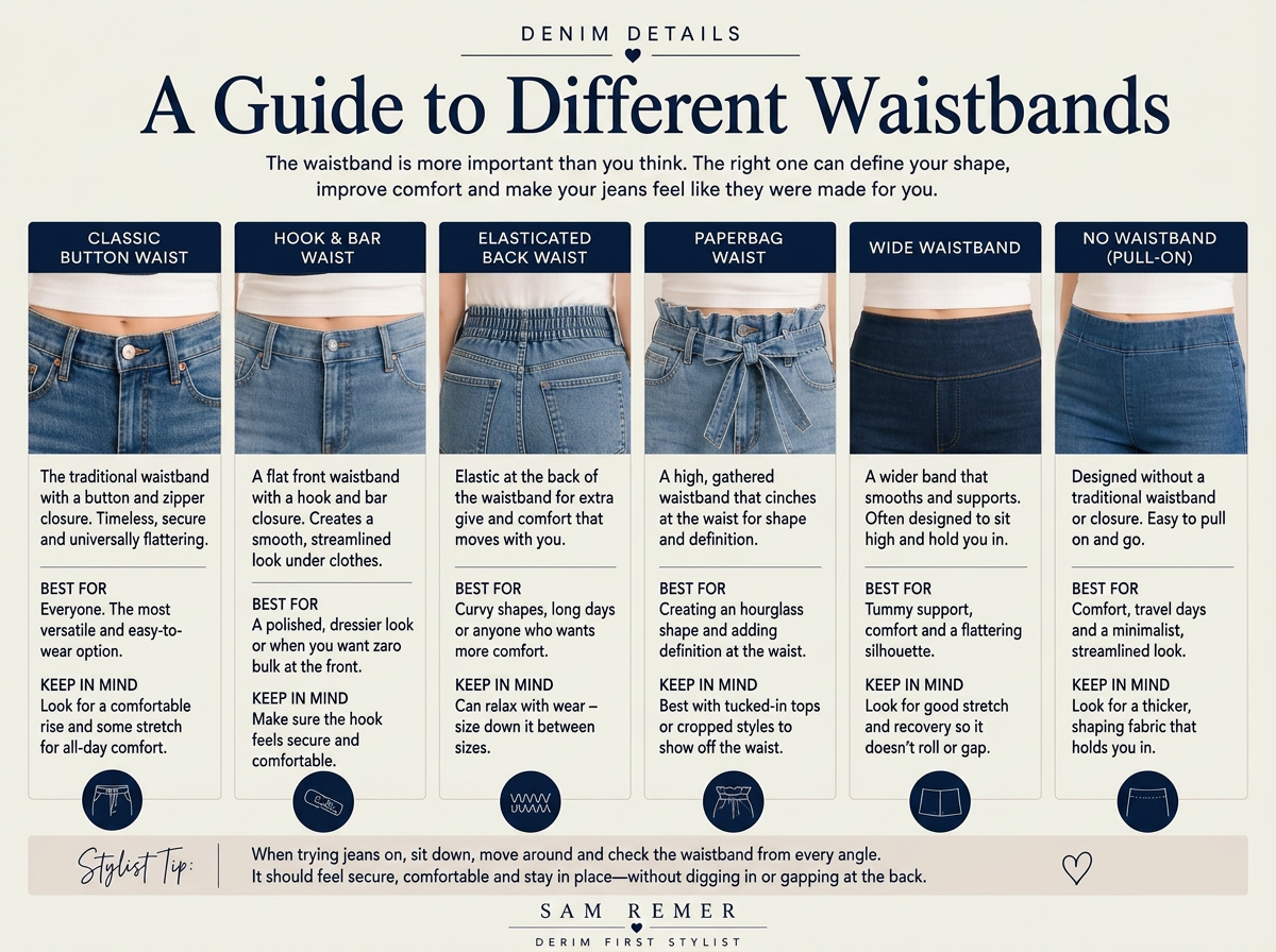 Infographic comparing six jean waistband styles, including classic button, hook and bar, elasticated, paperbag, wide and pull-on waistbands.