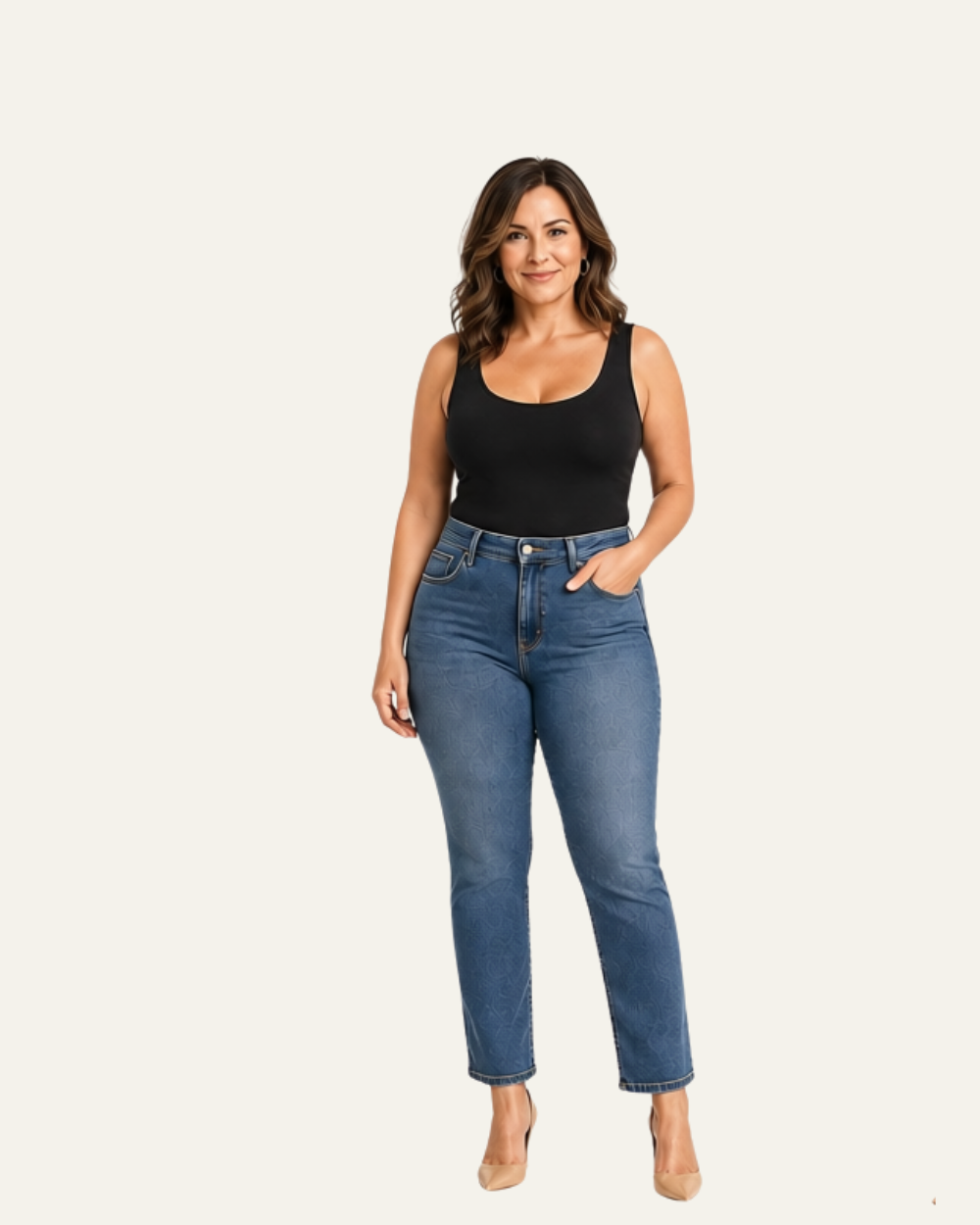 Petite curvy woman wearing light blue straight-leg jeans and a black sleeveless top.