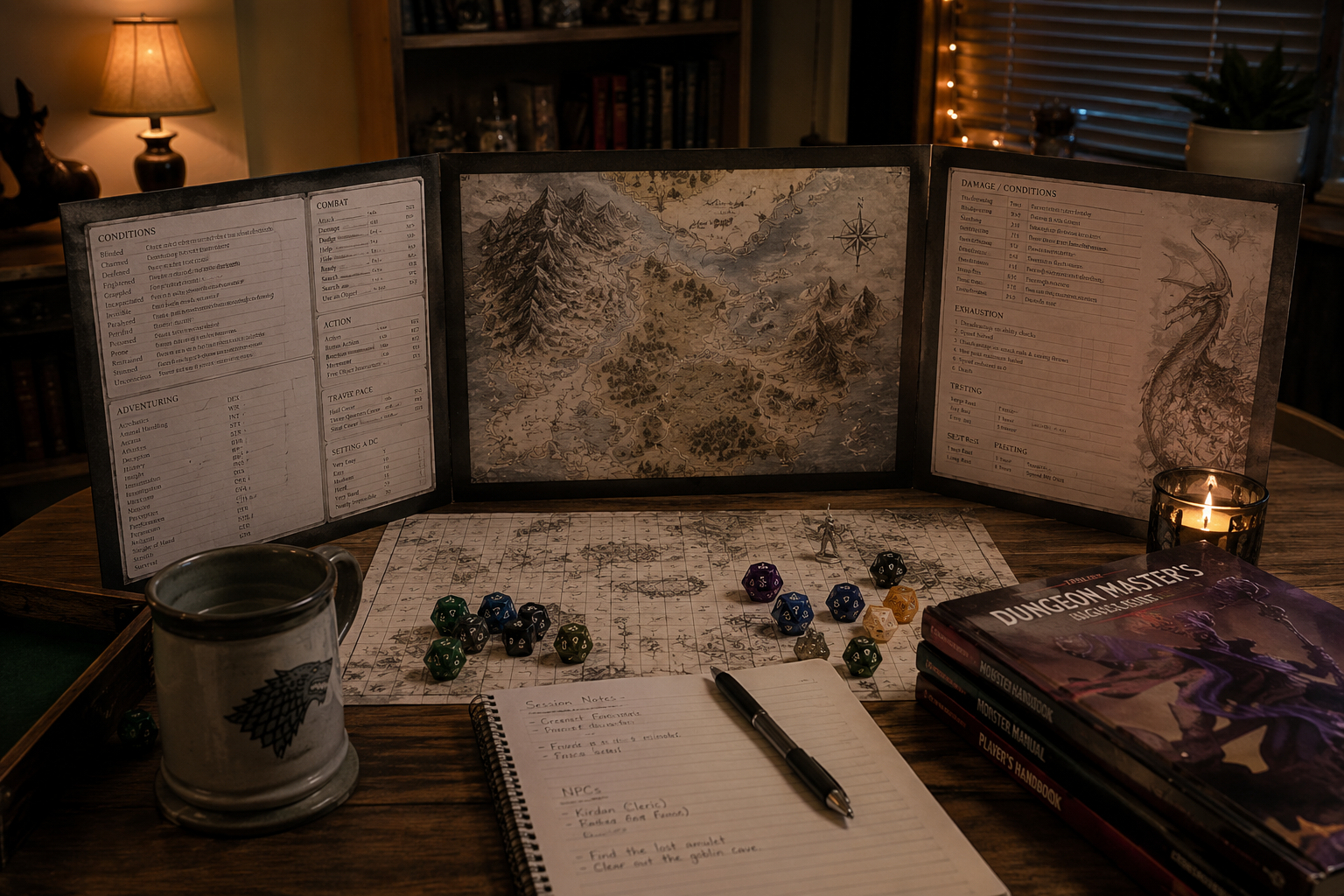 A tabletop setup for tabletop role-playing game night. Includes a map with different terrains, a deck of dungeons and dragons rulebooks, a notebook with notes, multiple polyhedral dice, a gaming mug with Baratheon sigil, a pen, candles, and a miniature figure, all arranged on a wooden table in a cozy room with warm lighting.