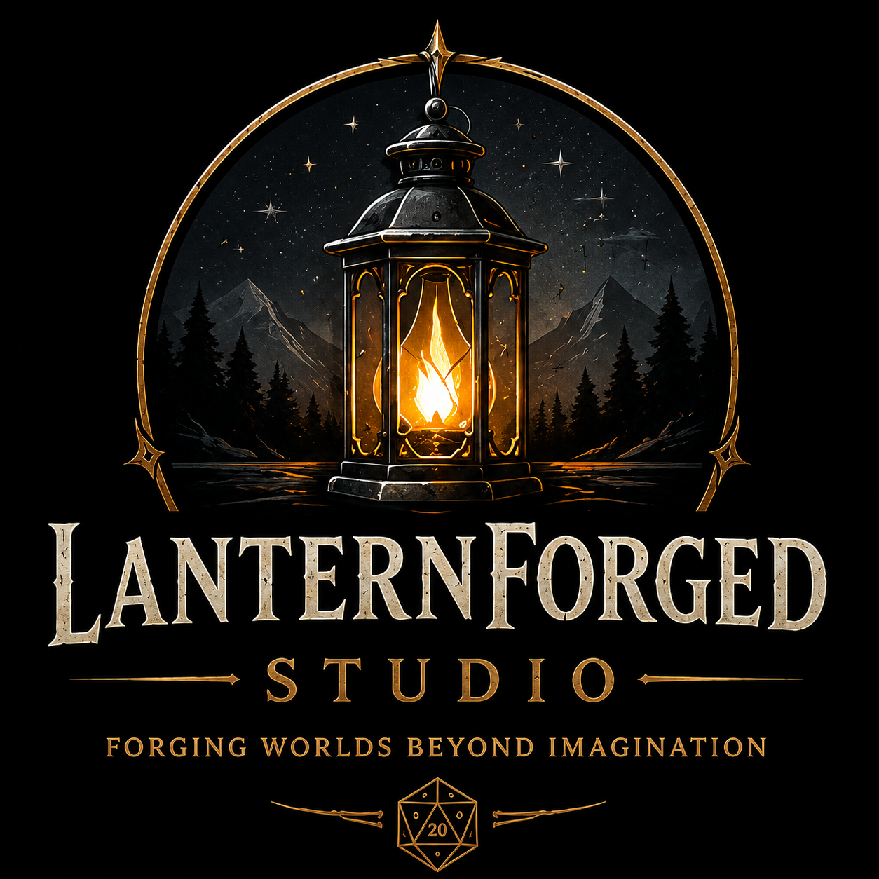 Logo for Lantern Forged Studio featuring a glowing lantern with a mountain landscape background and stars, with the text 'Lantern Forged Studio' and the tagline 'Forging worlds beyond imagination', including a 20-sided die.
