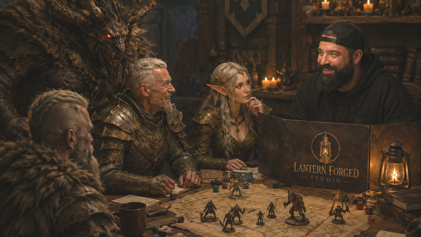 A Dungeons & Dragons group gathered around a table in a fantasy setting, with a dragon-like creature in the background, playing a tabletop RPG game with miniatures, dice, and character sheets, lit by candles and lanterns.