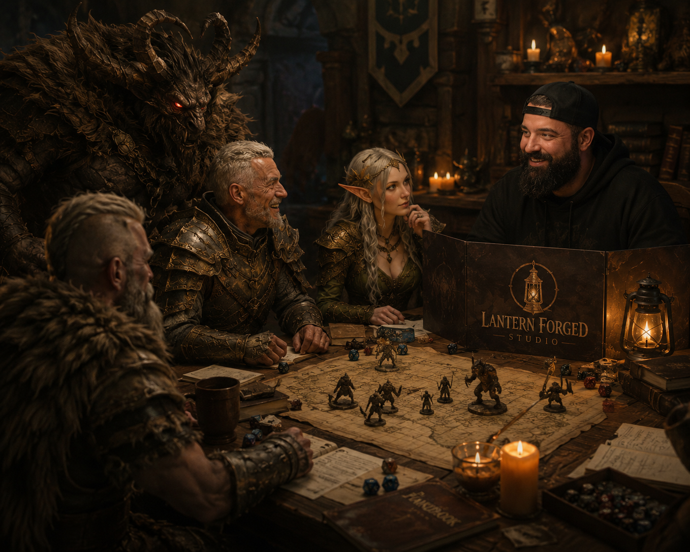 A group of fantasy characters, including a dragon-like creature, elves, and humans, are gathered around a table playing a tabletop role-playing game in a dimly lit room with candles, books, and a sign that reads 'Lantern Forged Studio.'