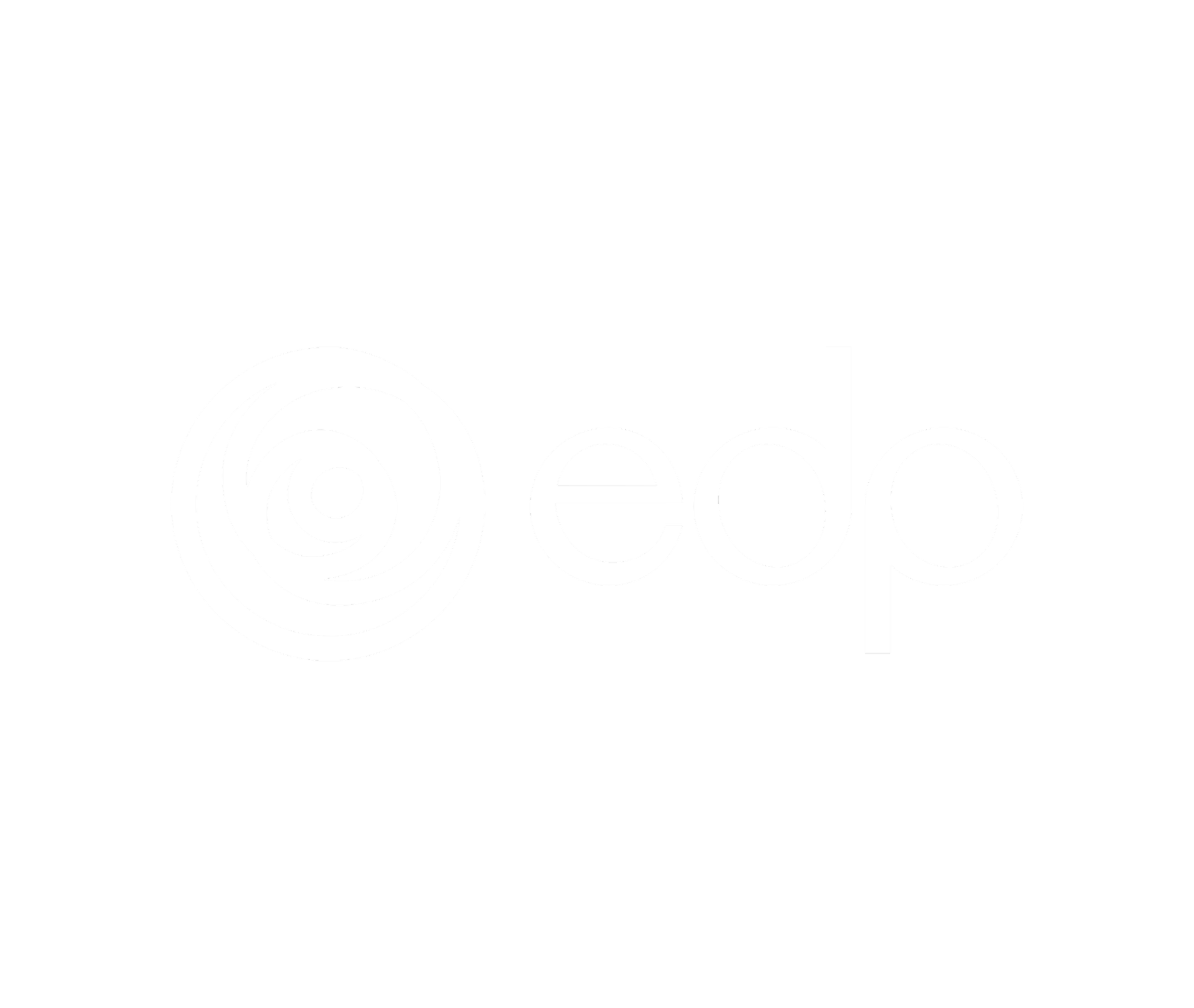 Black background with white logo of the word 'edp' and an abstract swirl symbol.