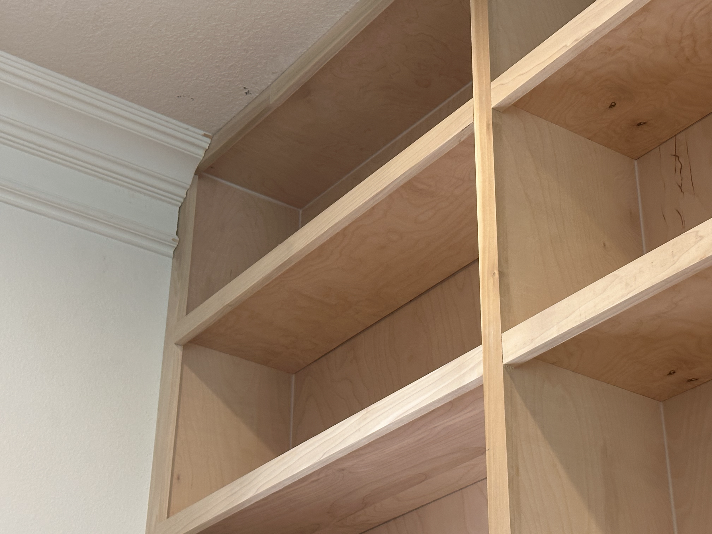 Empty wooden bookshelf against a wall with crown molding, seen from an angle.