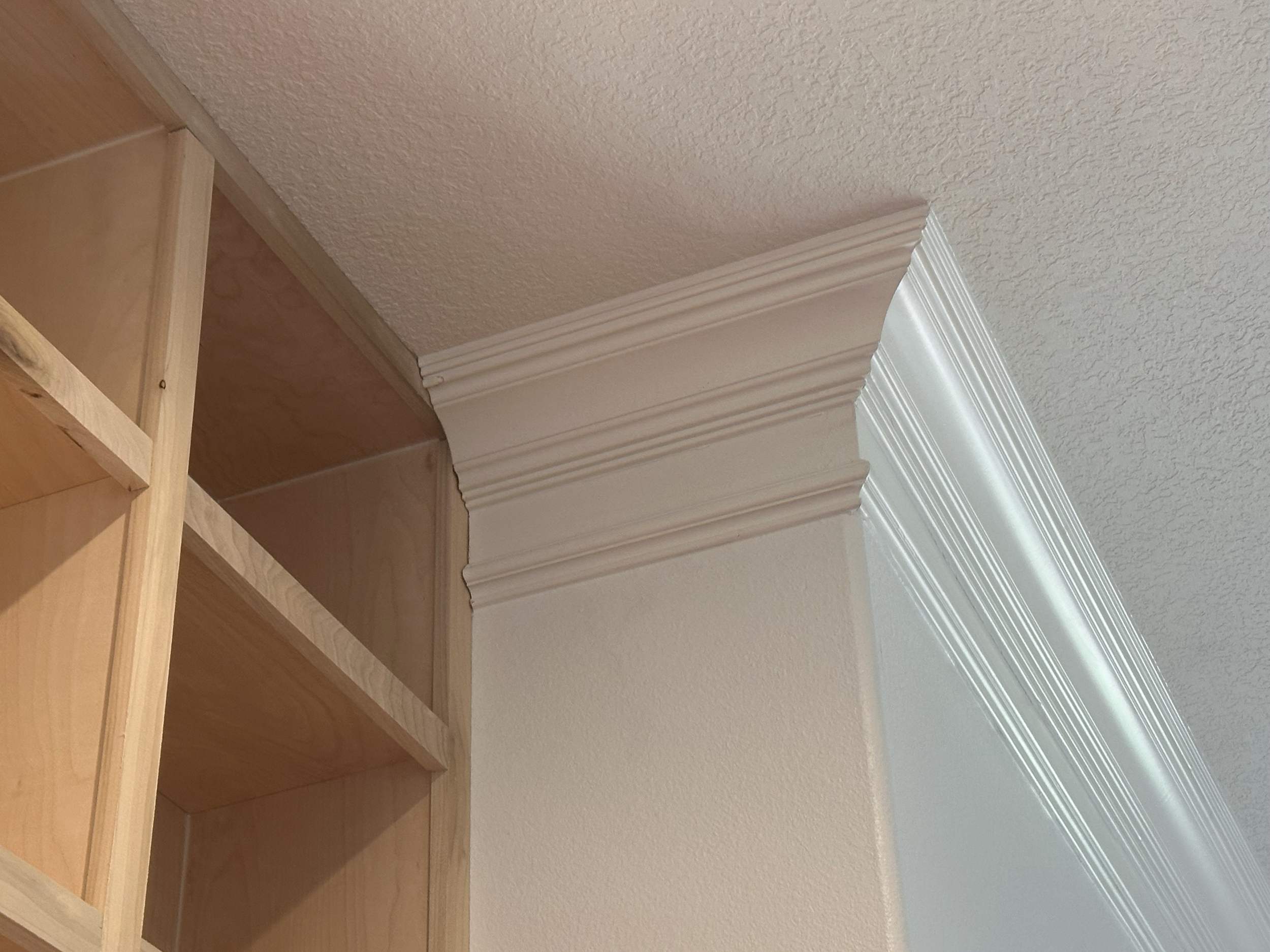 Interior corner of a room showing a wooden bookshelf, a decorative crown molding, and textured ceiling with beige and white walls.