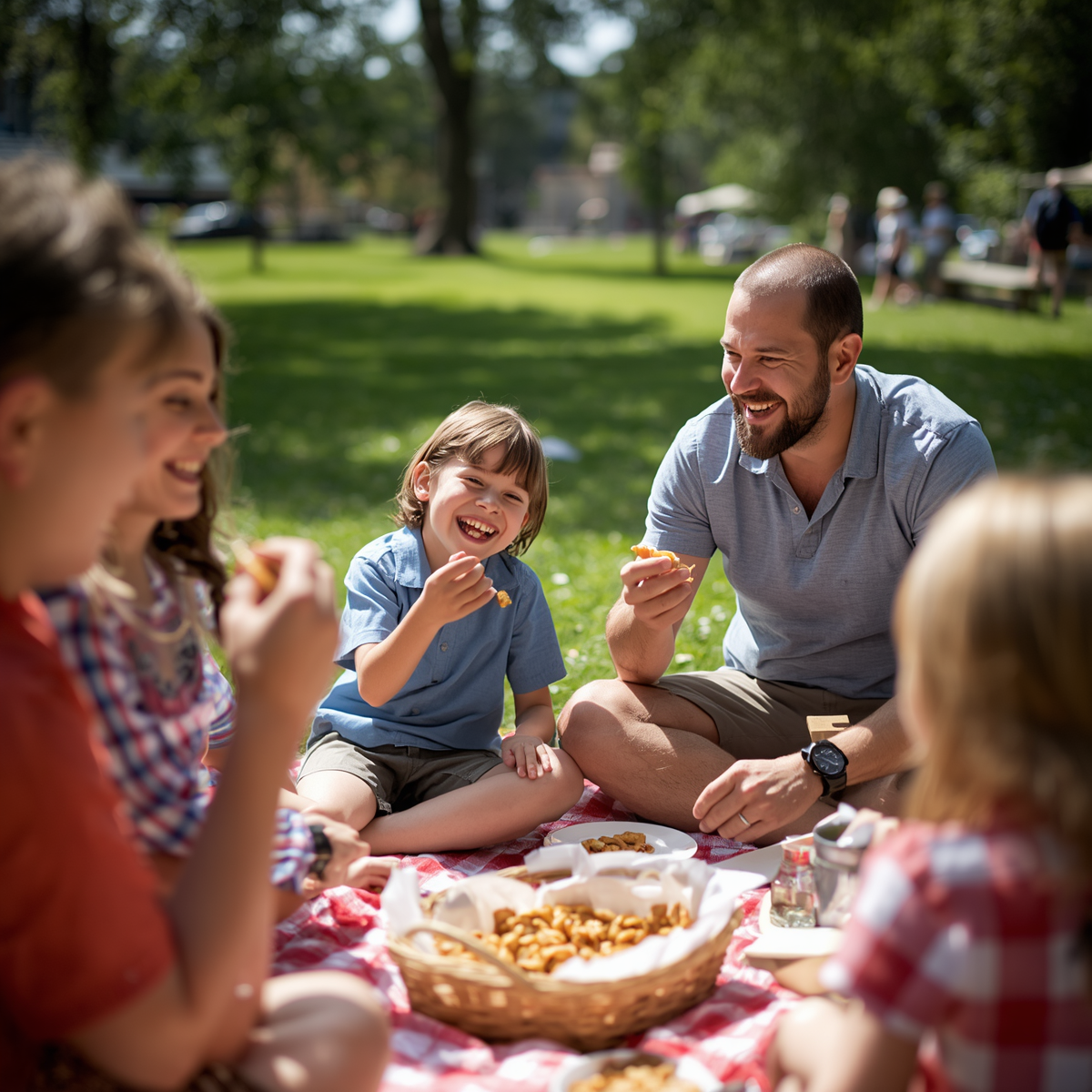 A family having a picnic on a grassy park with trees, sharing smiles and toffee.