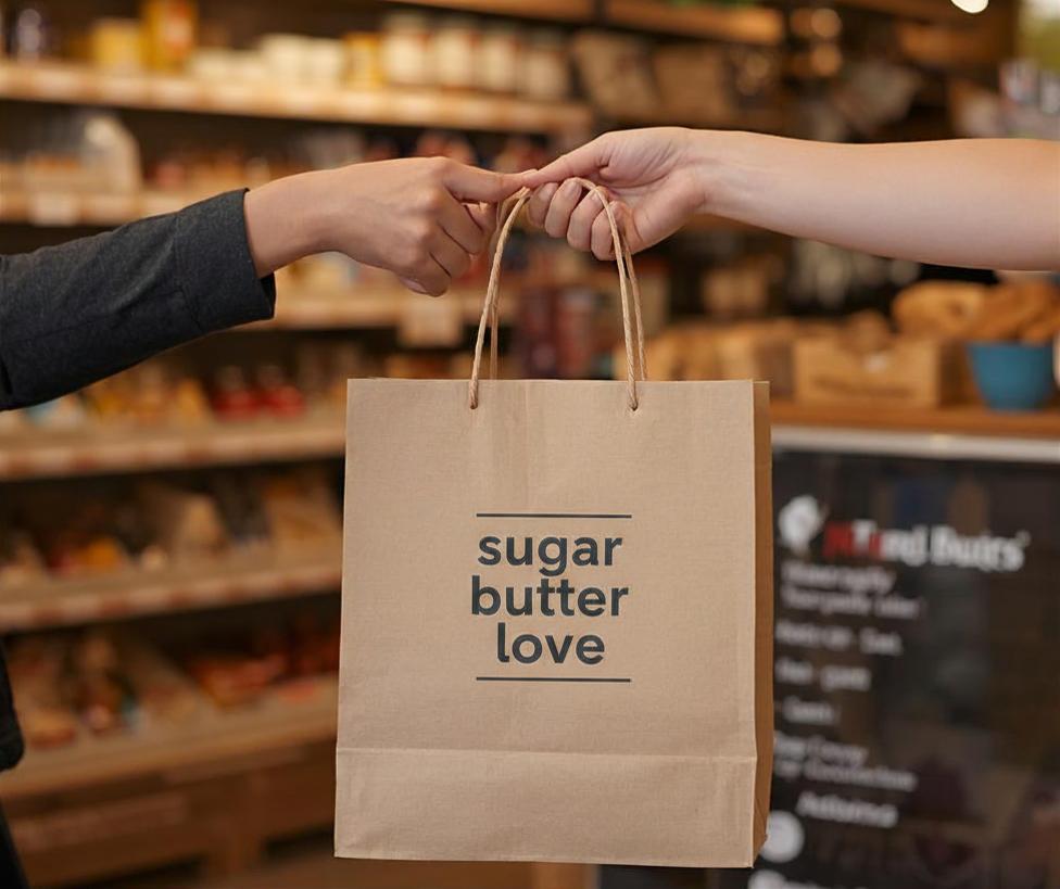 Two people exchanging a paper shopping bag with