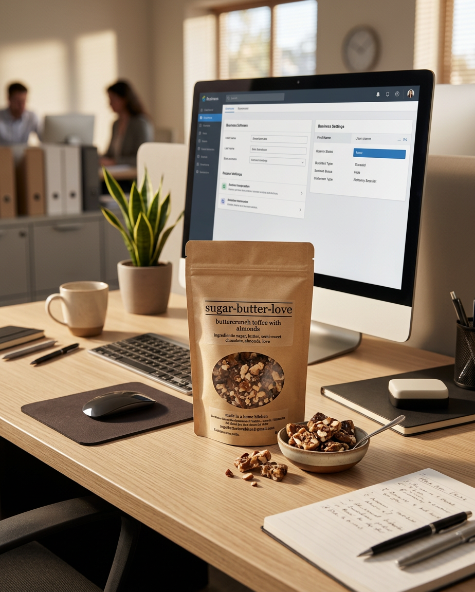 A tidy office desk with a computer, potted plant, coffee mug, notebook, pens, and a bag of sugar-butter-love toffee with almonds, some pieces of toffee in a bowl, and a laptop screen displaying business software.