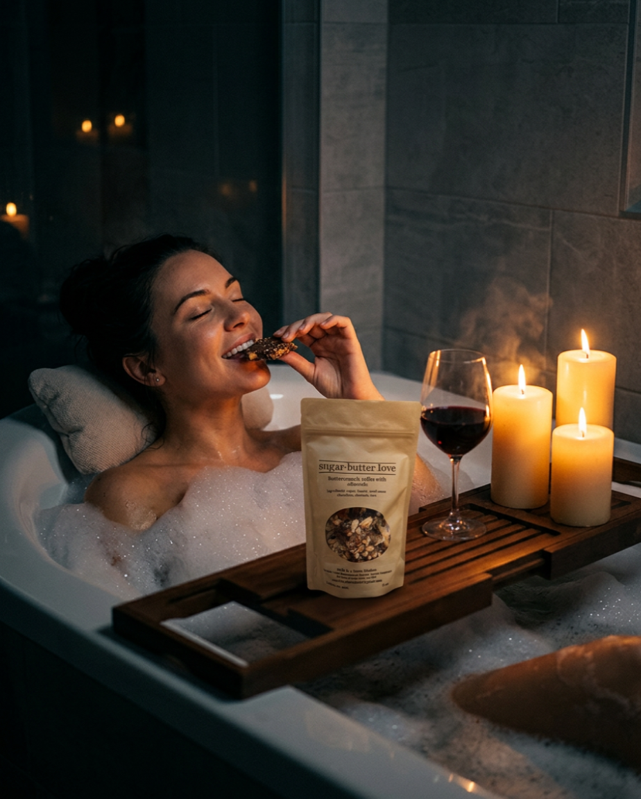 A woman relaxing in a bubble bath with lit candles, a glass of red wine, and a package of granola on a wooden tray, enjoying a snack.