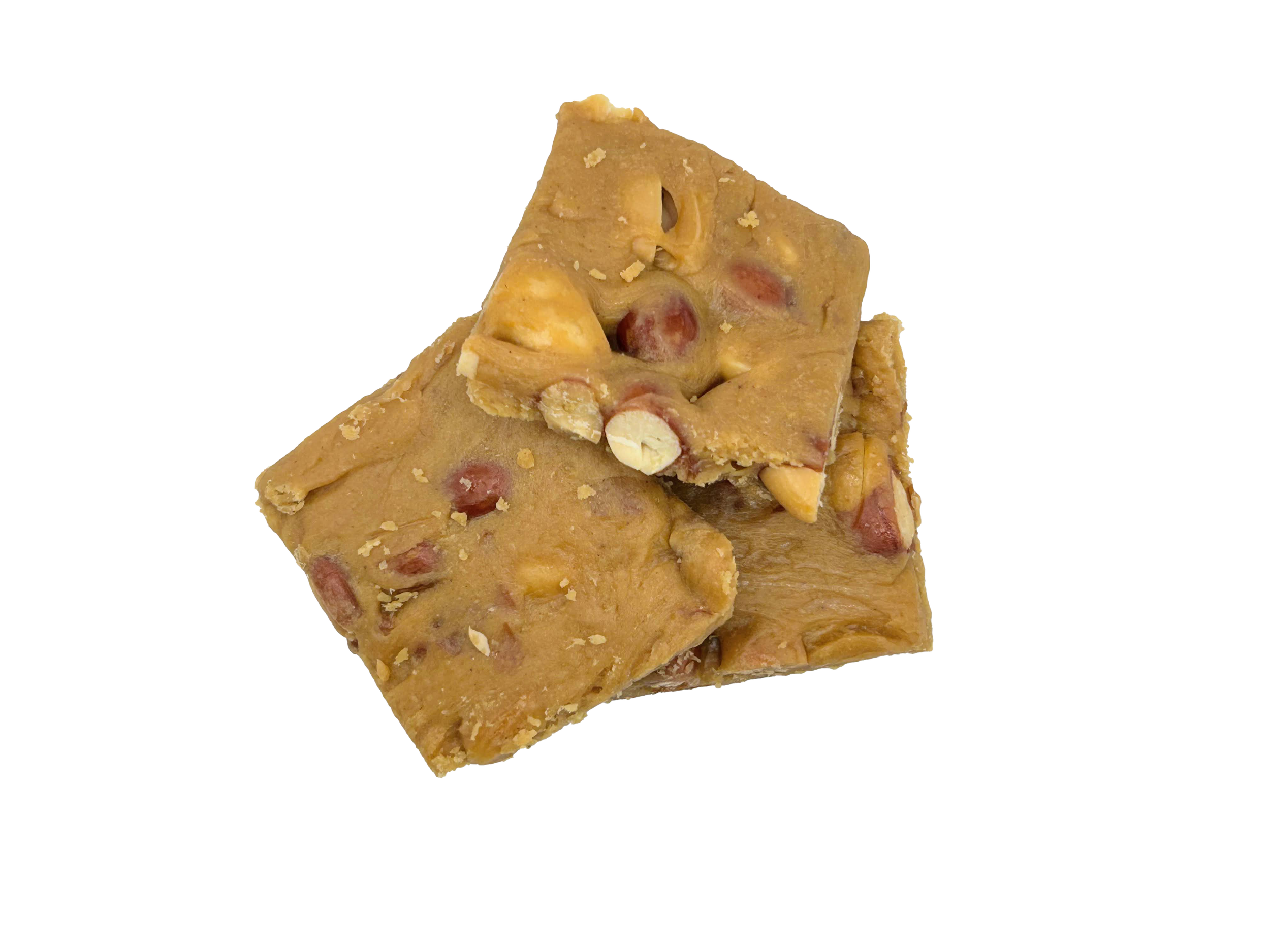 A close-up of a piece of peanut brittle with peanuts embedded in caramelized sugar.