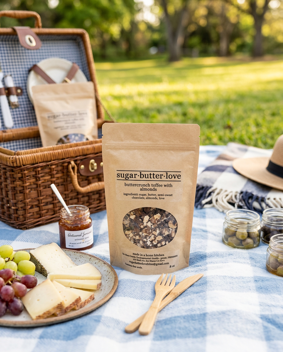 A picnic setup outdoors with a wicker basket, a package of sugar-butter-love toffee, a jar of jam, a cheese plate with grapes and cheese slices, and small jars of green olives on a blue and white checkered blanket, with a straw hat and trees in the background.