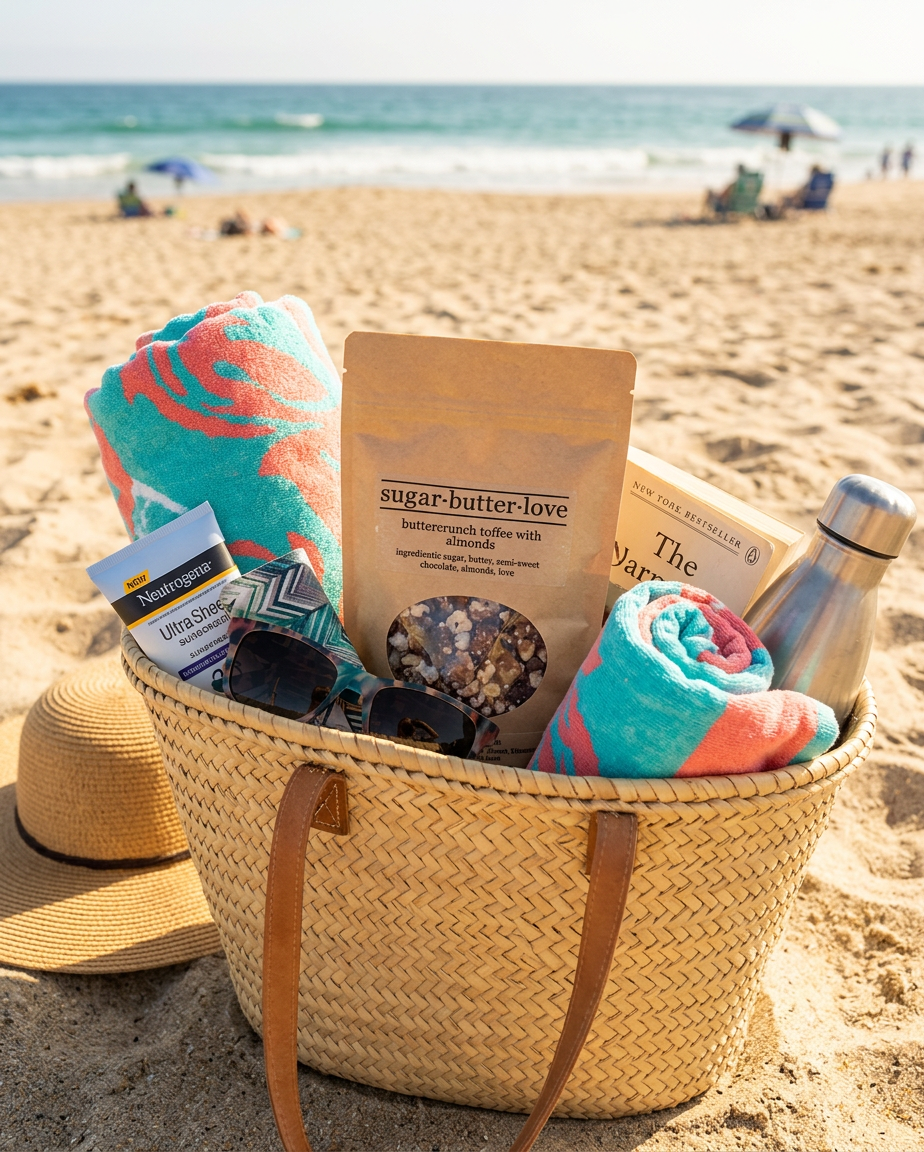 A straw beach bag filled with towels, sunglasses, a book, a wrapped snack, a water bottle, and a packet of allergy medication, placed on sandy beach with umbrellas and people in the background.