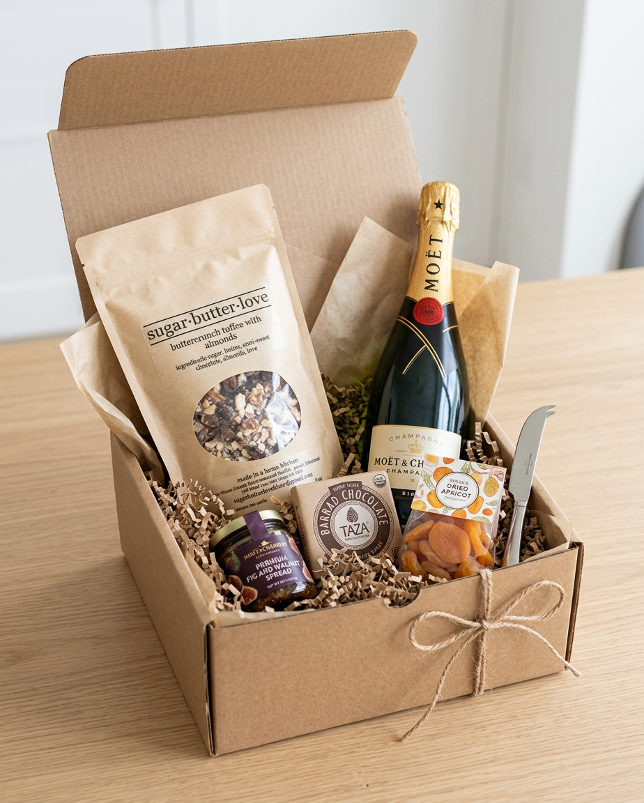 Gift box containing a bag of sugar-butter-love almond toffee, a bottle of Moët & Chandon champagne, a jar of fig and walnut spread, a small box of dried apricots, a round container of bard chocolate, and a utensil, all arranged with shredded paper filling.