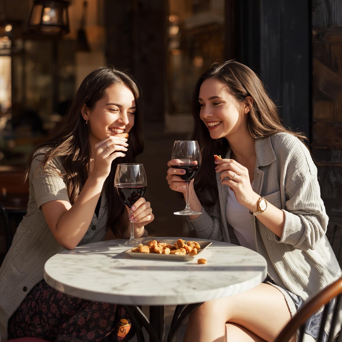 Two women sitting at a table in a restaurant, enjoying glasses of red wine and peanut brittle, sharing a moment of laughter.