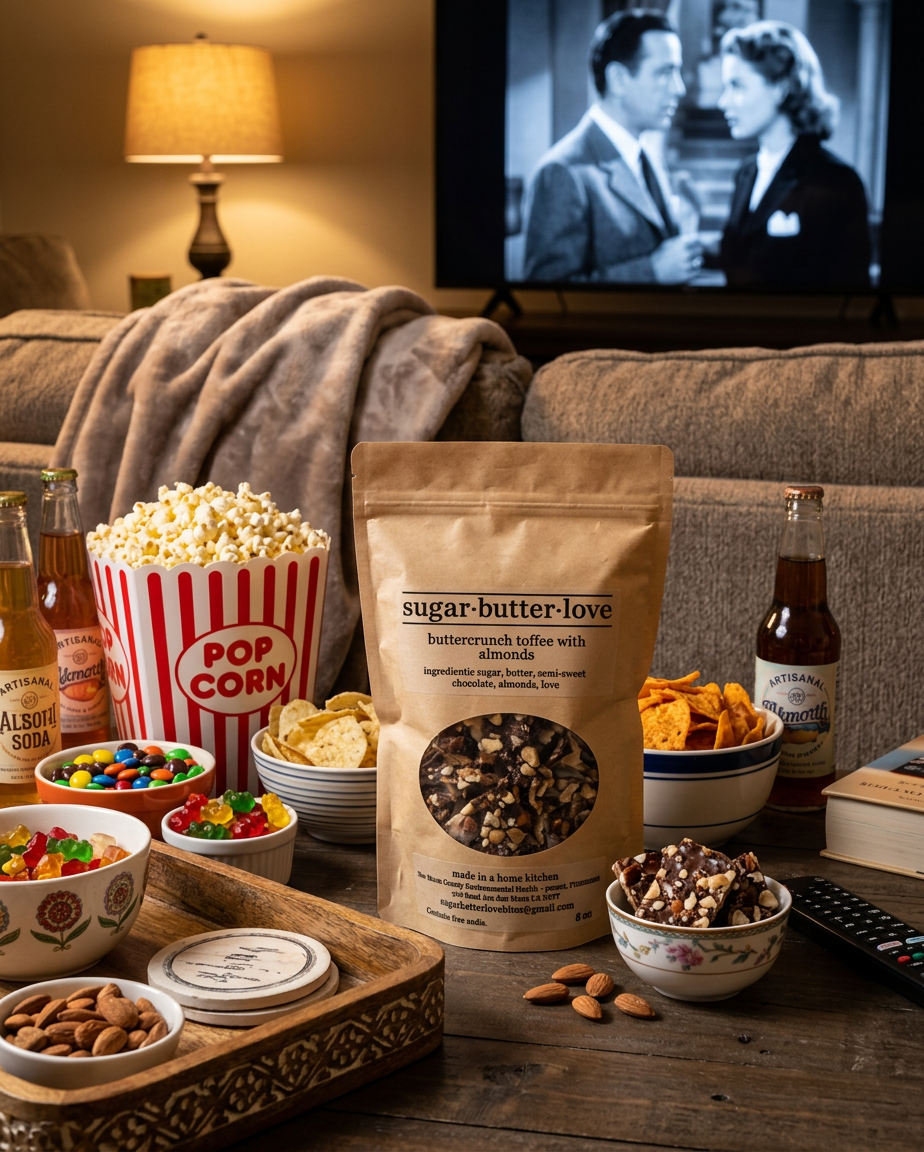 Snack spread on a wooden table featuring a bag of sugar-butter-love toffee with almonds, bowls of popcorn, gummy bears, and almonds, along with bottles of soda, a book, and a TV showing a black-and-white movie in a cozy living room setting.