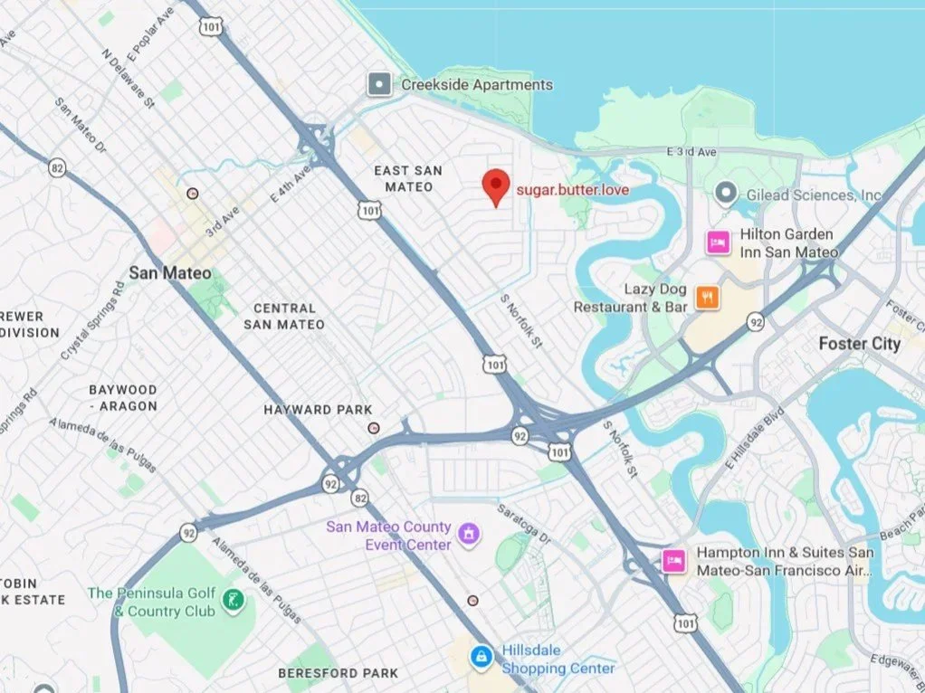 Map of San Mateo, California showing neighborhoods, highways, and landmarks including Creekside Apartments, Gilead Sciences, Hilton Garden Inn, Lazy Dog Restaurant & Bar, and Peninsula Golf & Country Club.