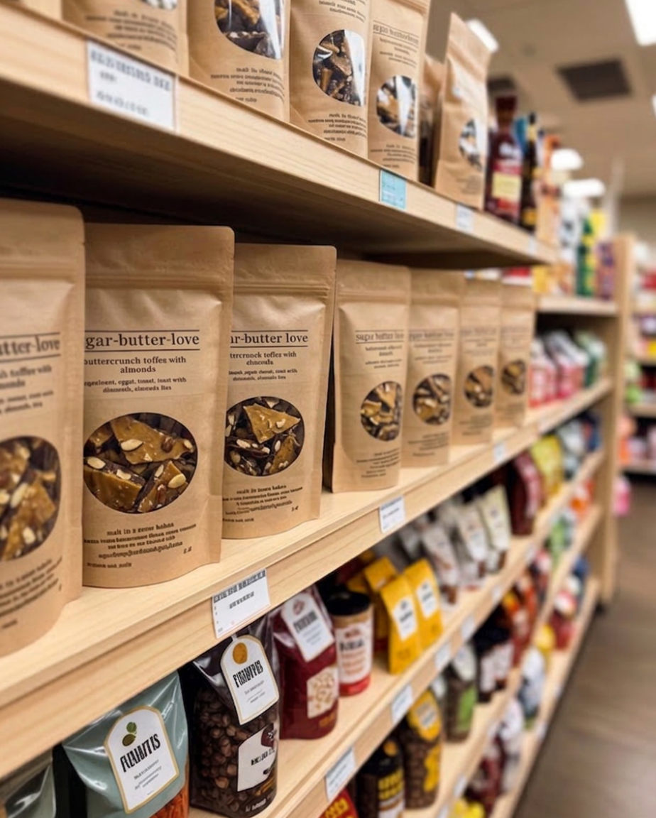 Shelf display of packaged snacks and baking ingredients in a grocery store, including bags of Toffee and almonds, chocolates, and various baking supplies.