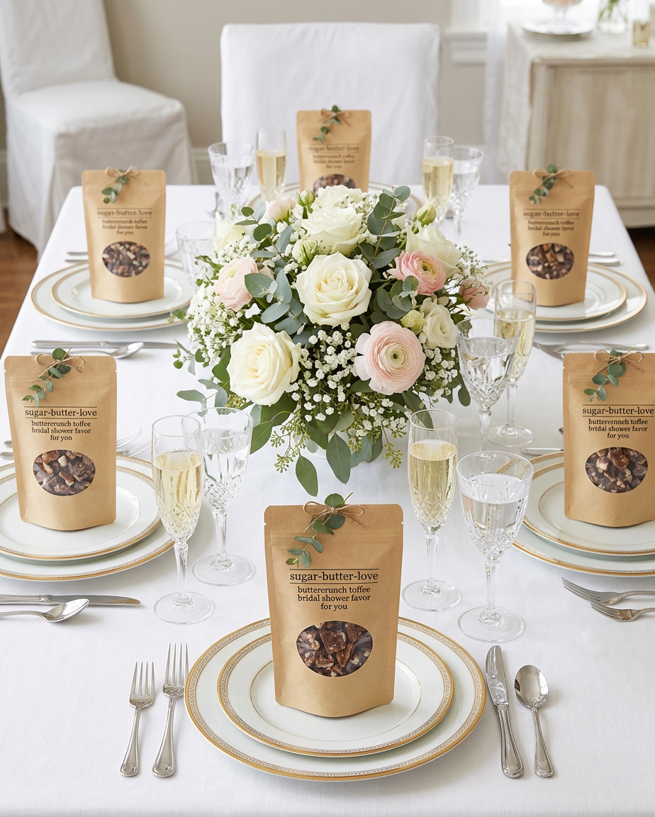 A round dining table set for six guests with white and gold ornamental plates, silverware, and six tall champagne flutes filled with sparkling wine. In the center, there is a large floral arrangement with white and blush pink flowers and green foliage. Small paper bags labeled ‘sugar-butter-love’ containing butternutronch toffee are placed at each seat, tied with a small string and a sprig of eucalyptus.