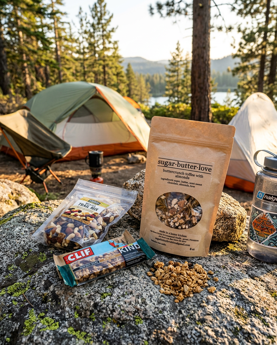 Camping scene with tents in a forest near a lake, showing trail mix, granola bar, and a water bottle on a rock in the foreground.