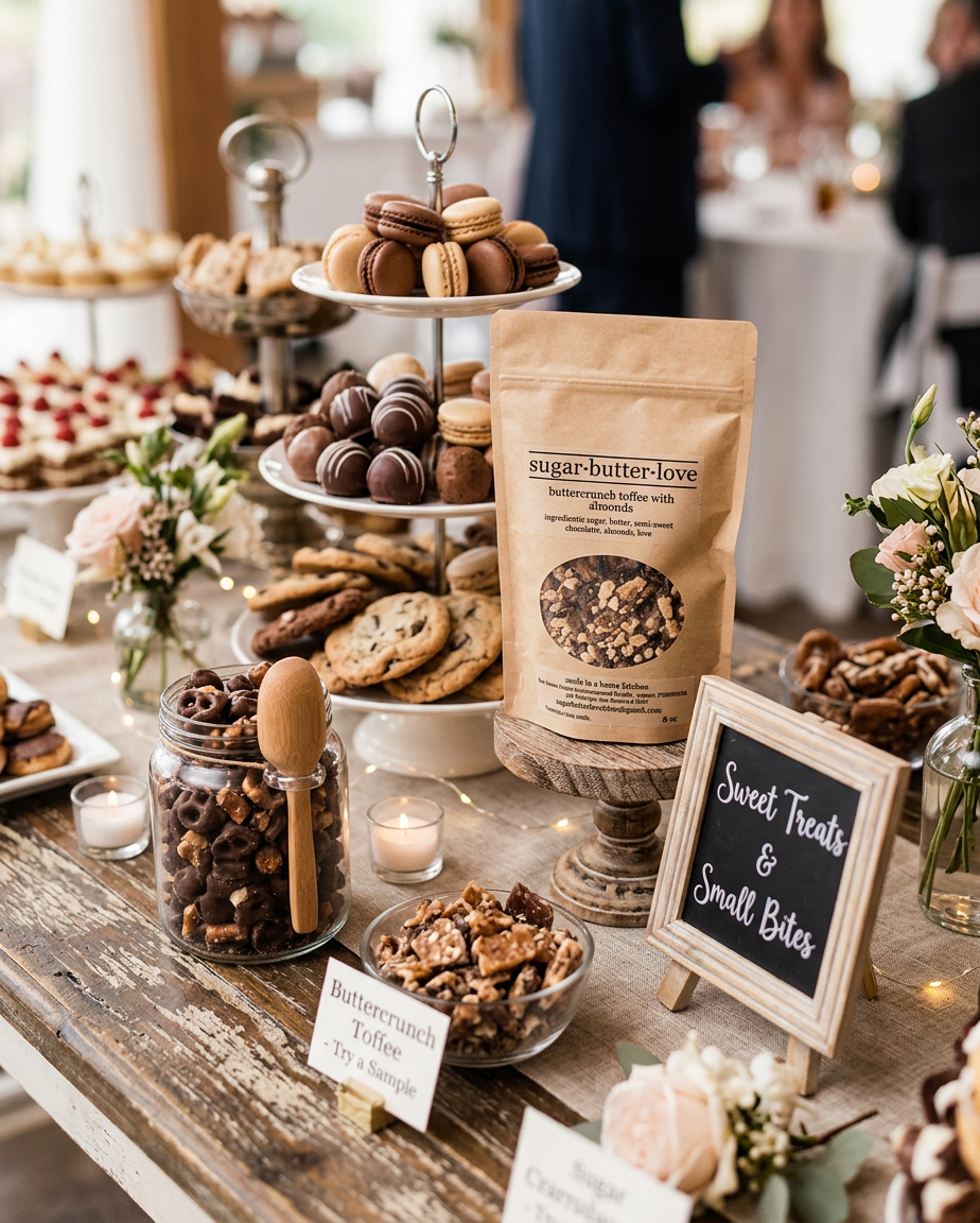 Display of assorted cookies, macarons, toffee pieces, and candied brittle snacks on a rustic wooden table with decorative flowers and small candles, at a sweet treat table at an event.