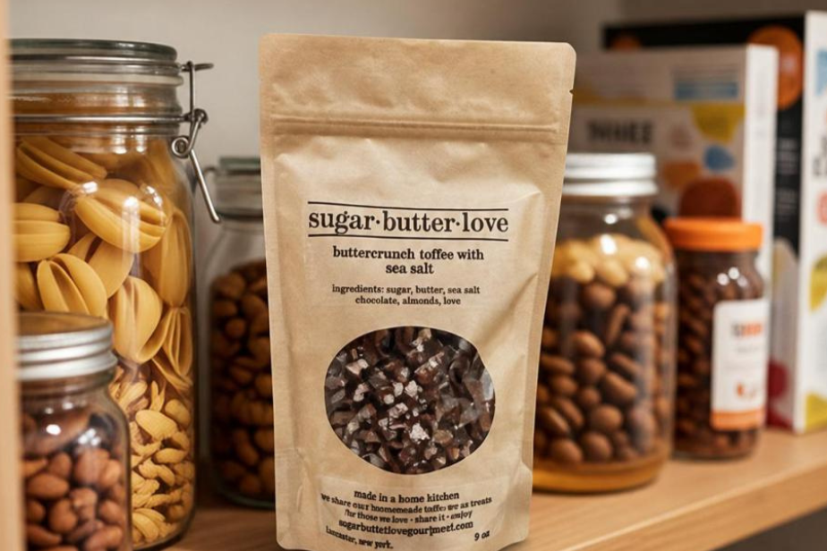 A brown paper bag of 'sugar butter love' toffee with sea salt, surrounded by jars of pasta, almonds, and snacks on a kitchen shelf.