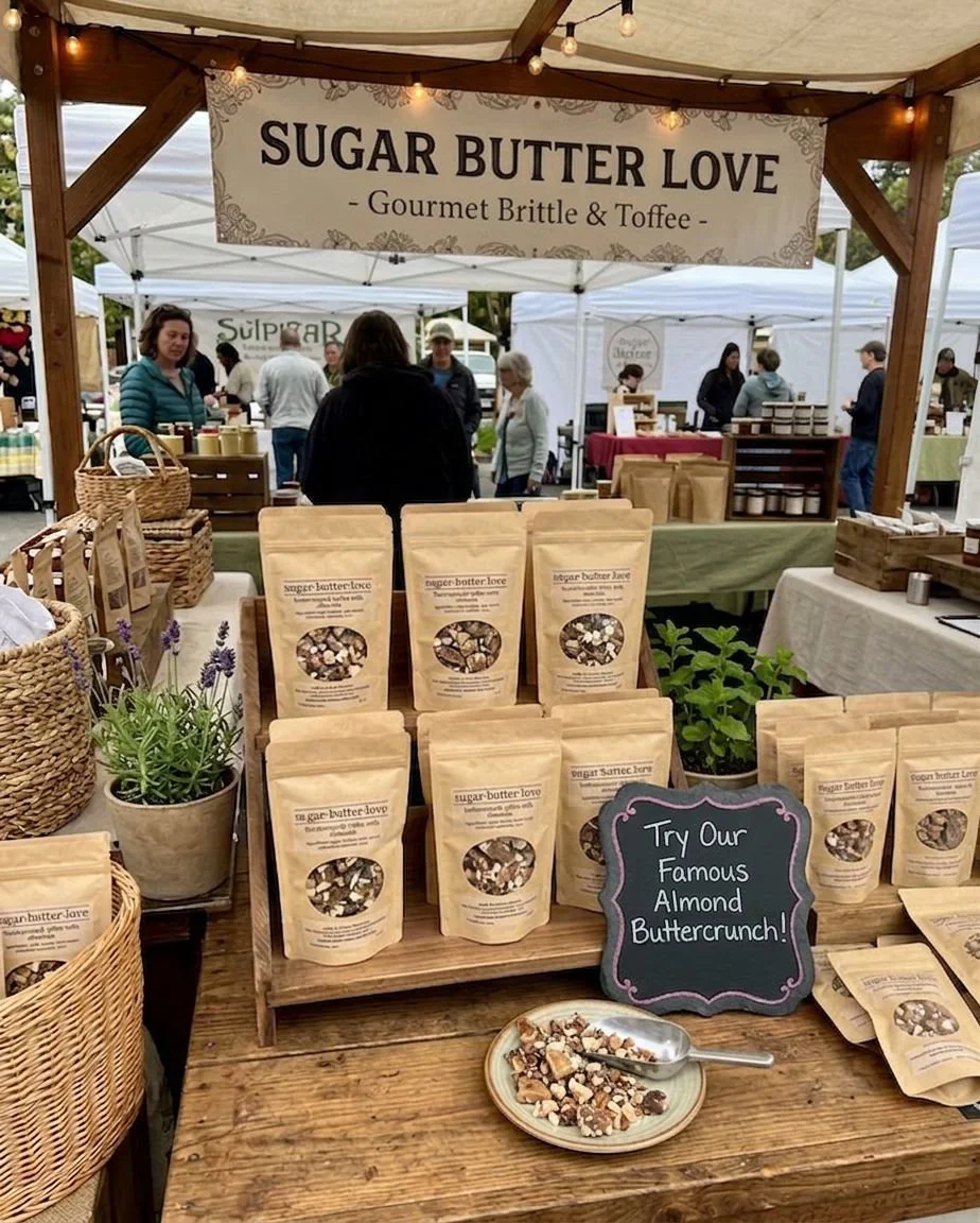 Display of almond buttercrunch candies at a market stall, with packaged candies, a small jar plant, and a sign promoting the almond buttercrunch.