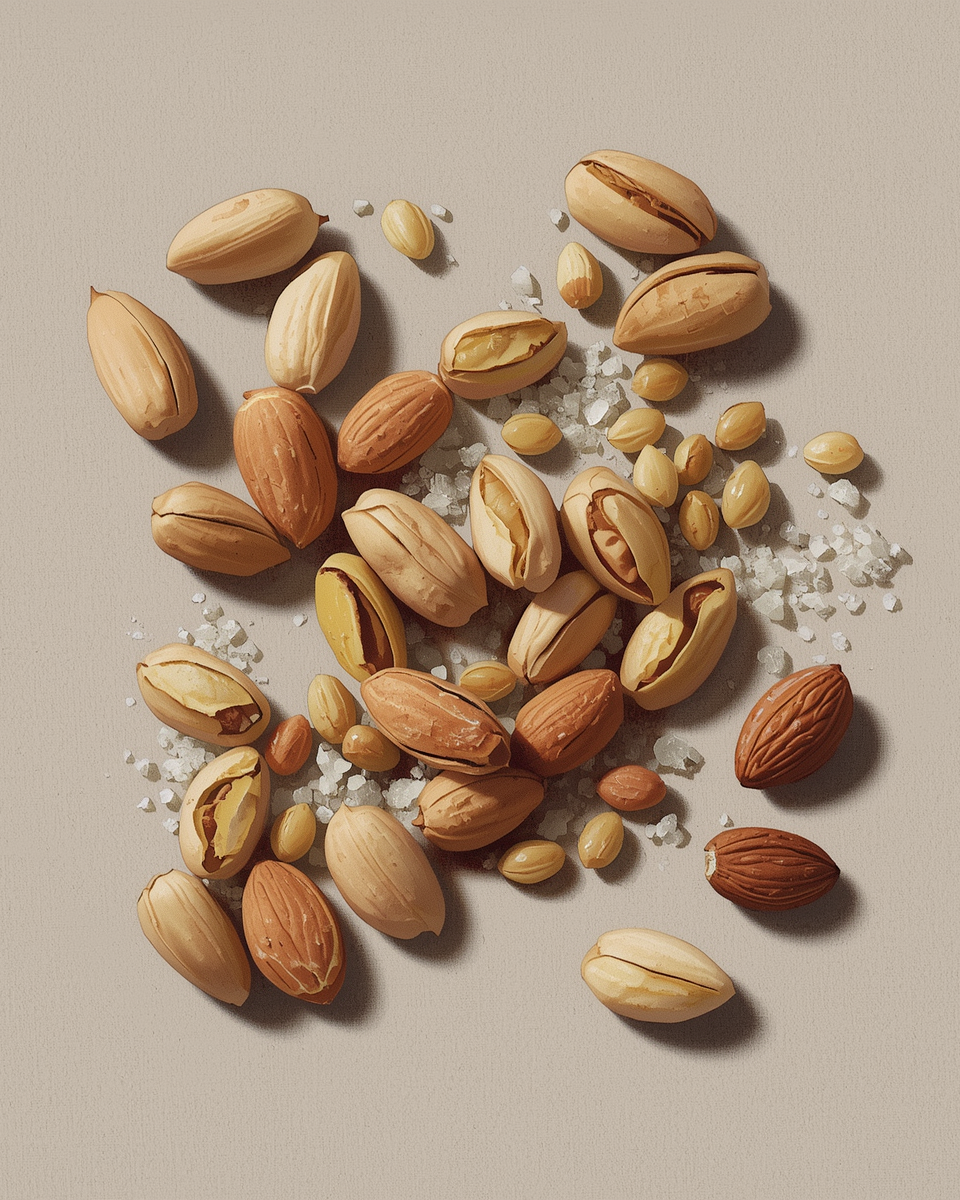 A variety of nuts including pistachios, almonds, and other mixed nuts, with some salt crystals scattered around on a neutral background.