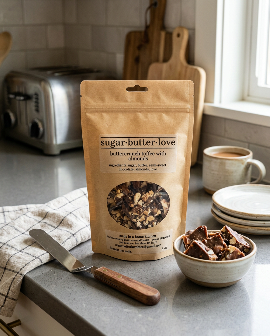 A paper bag labeled 'sugar.butter.love' with a window showing toffee with almonds, placed on a kitchen counter with sliced chocolate toffee in a bowl, a knife, and stacked plates nearby. In the background, a toaster, cutting boards, and a mug of coffee are visible by a window.