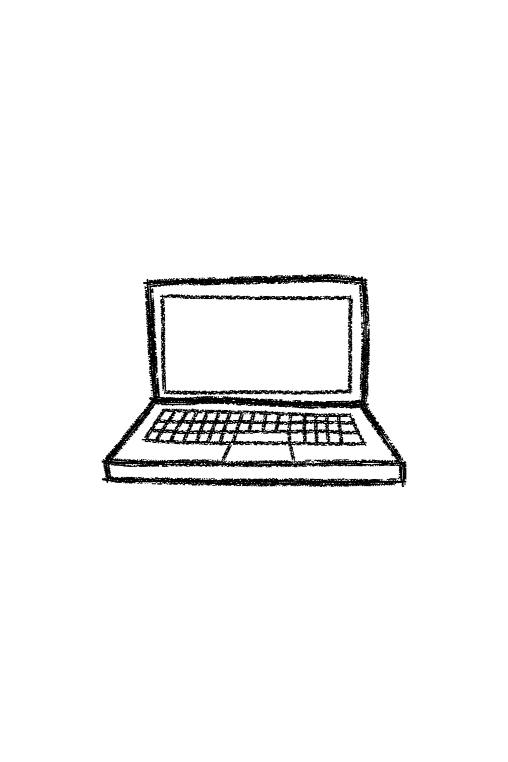 Schwarz-weisse Skizze eines offenen Laptops mit Tastatur.