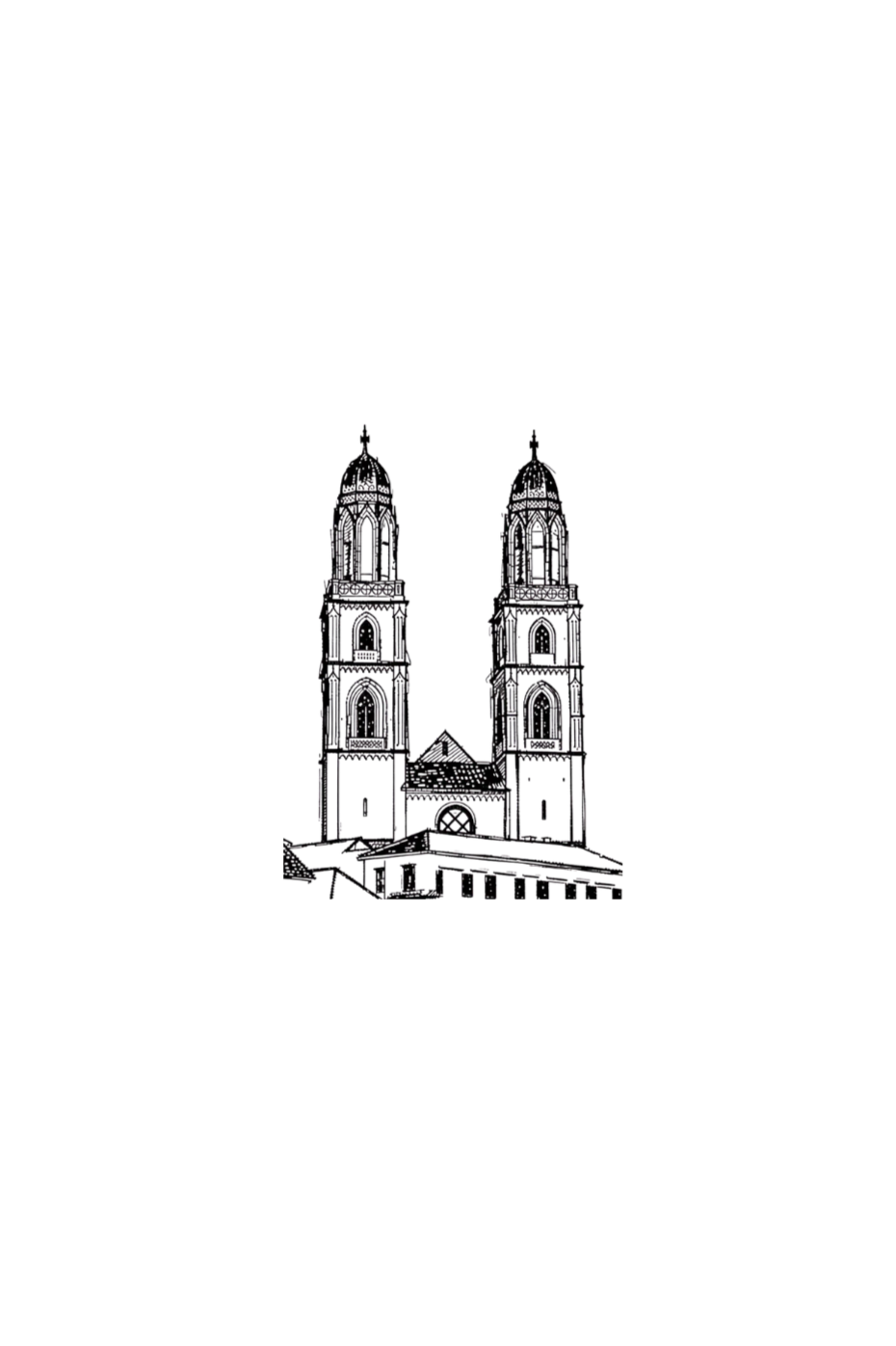 Schwarz-weiss skizzierte Silhouette des Zürcher Grossmünster mit zwei Türmen.
