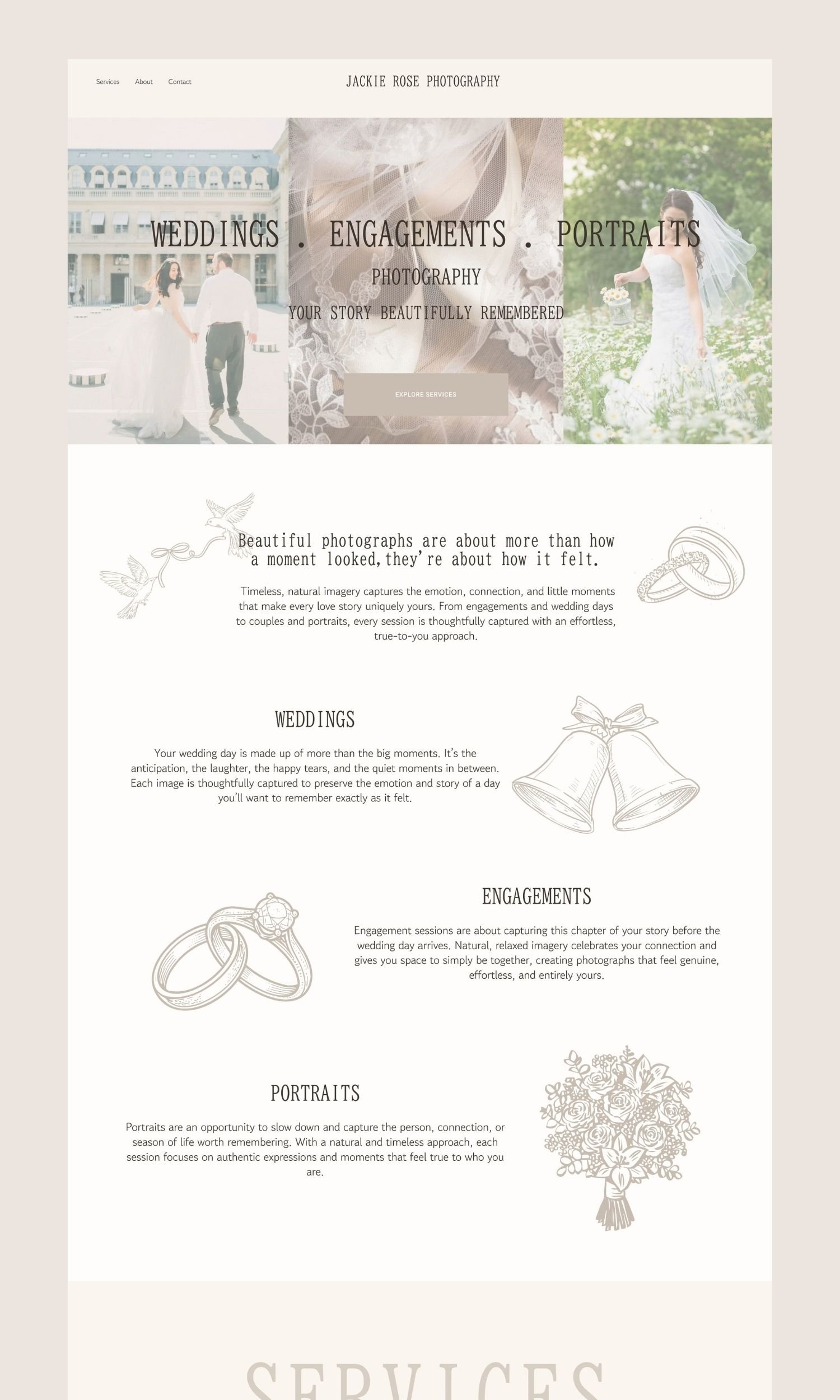 Wedding photography website homepage with images of a bride and groom outdoors, a bride holding flowers in a field, and illustrations of wedding rings and flowers.