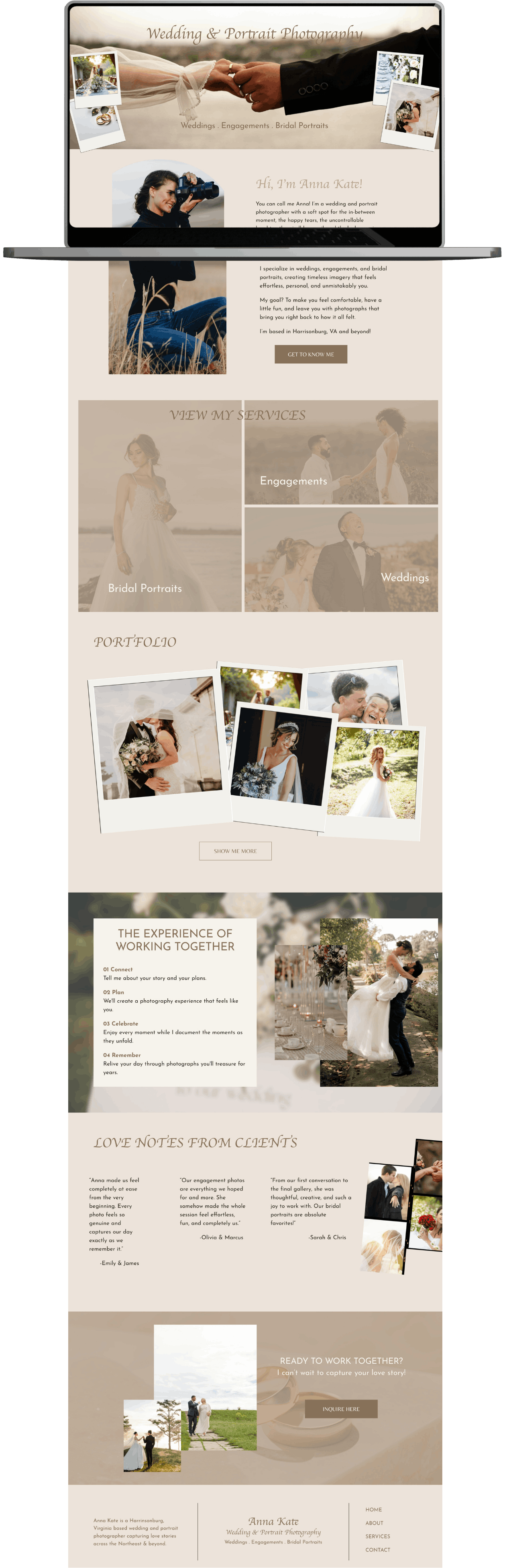 Website homepage for a wedding and portrait photographer named Anna Kate featuring images of couples, wedding scenes, and photography portfolios.