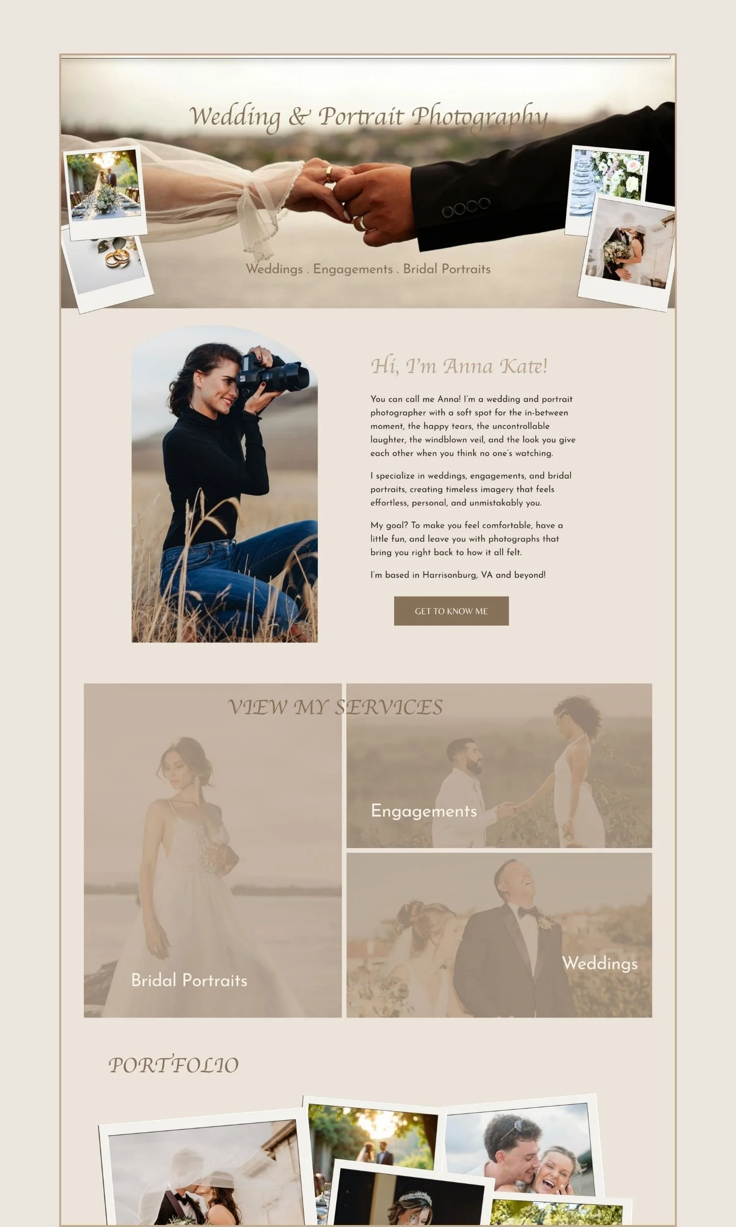 Website homepage for a wedding and portrait photography business, featuring images of couples, wedding moments, and a photographer, with sections for services and portfolio.