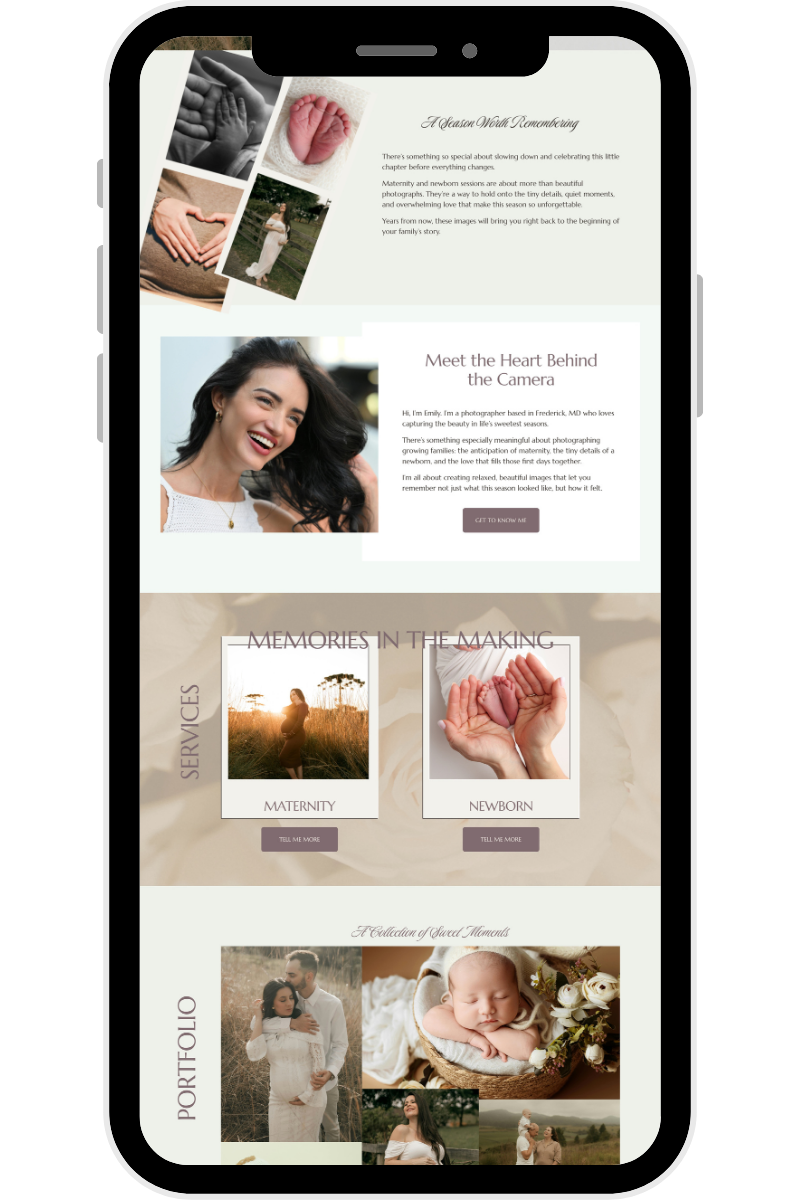 A mobile phone displaying a webpage about celebrating milestones with photos of a newborn, maternity, and family moments, including a smiling woman and baby photos.