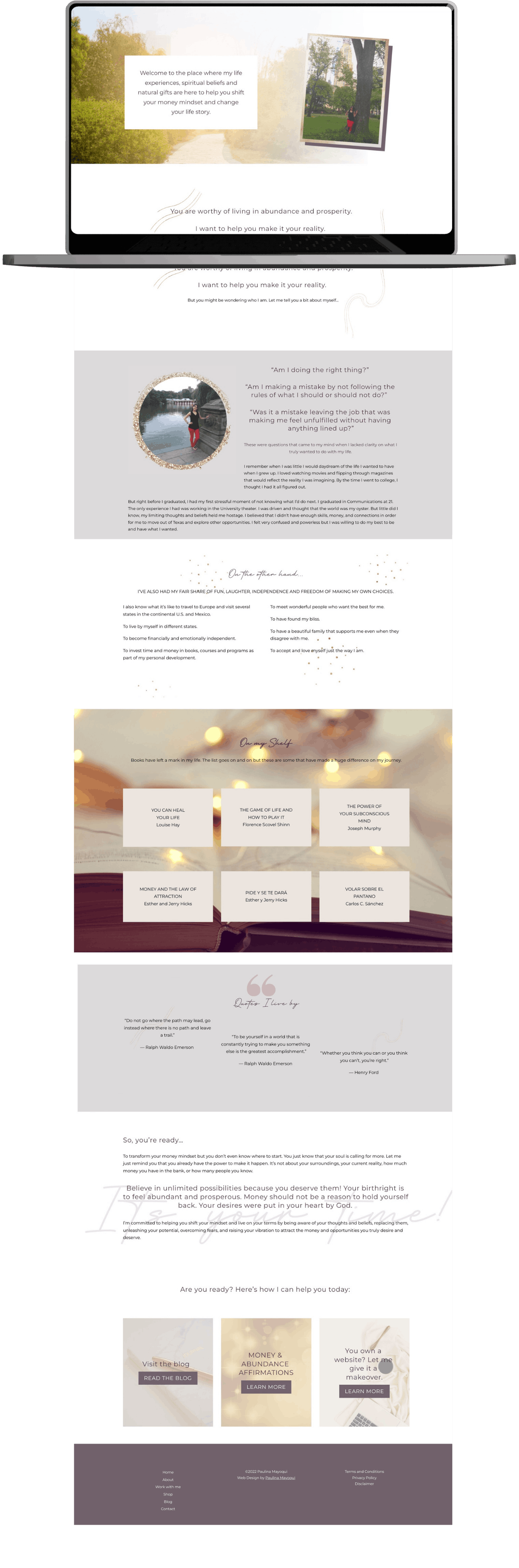 A webpage design with a nature theme, featuring text about abundance, prosperity, and personal growth. Includes images of trees, a person in a park, and an open book with fairy lights. The page has sections with inspirational quotes, book titles, and calls to action for blog visits and affirmation resources.