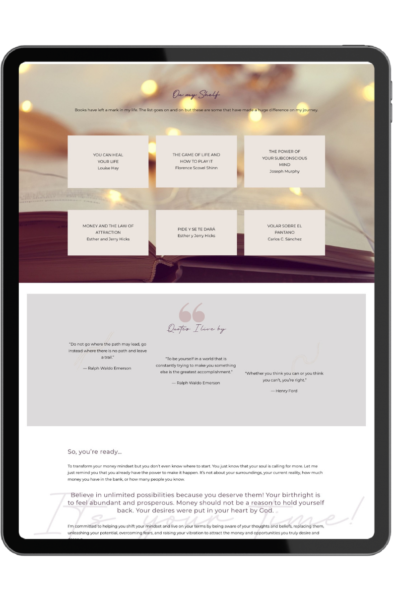 Open book with a string of warm fairy lights on top, displaying a webpage with a header titled "Our very Shelby" and a quote about books. The page features six books or articles with titles such as "You Can Heal Your Life" and "The Power of Your Subconscious Mind". Below, there are three quotes about life and motivation, followed by a paragraph about mindset and personal growth, ending with a message of encouragement.