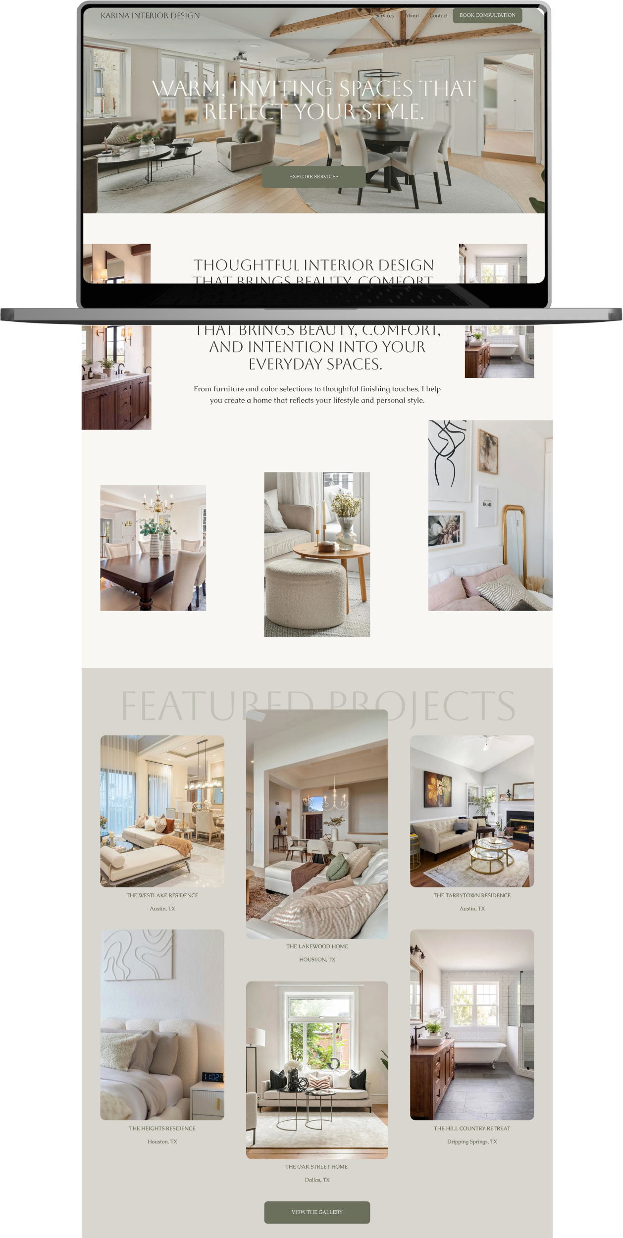Screenshot of a website homepage for Karina Interior Design featuring an elegant and modern living room, with a call-to-action button to explore services, and section highlighting various interior design projects with thumbnail images of different home interiors.