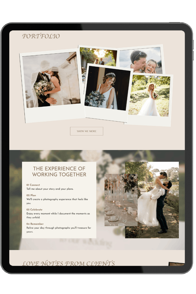 A digital portfolio website showcasing wedding photography with several photos of couples and brides, text about working together, and love notes from clients.