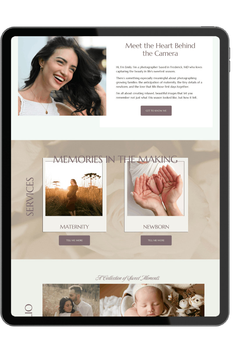 A photography website displayed on a tablet, showcasing a smiling woman with dark hair and a white top in a large photo at the top. Below are two sections titled "Memories in the Making" with images labeled "Maternity" showing a pregnant woman in a field at sunset, and "Newborn" with a close-up of tiny baby hands in adult hands. The site has buttons labeled "Tell Me More" under each section.