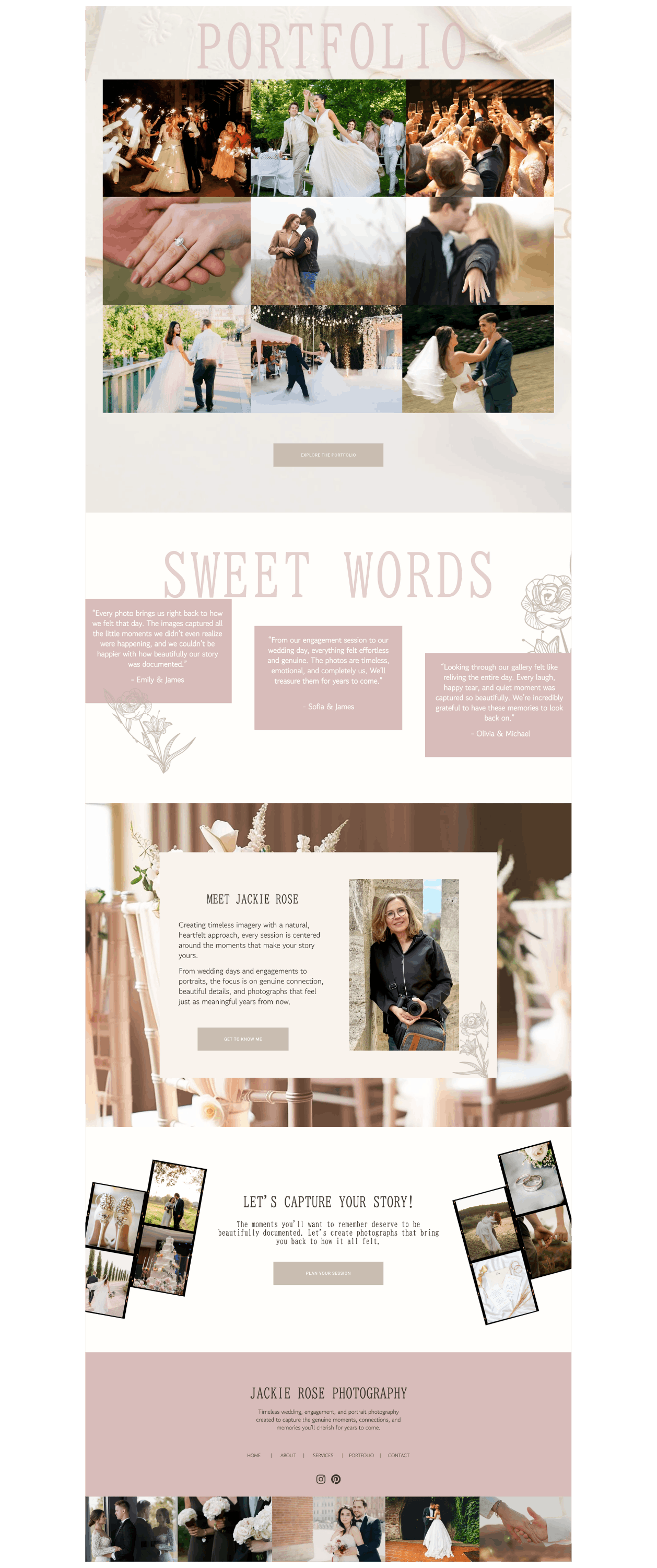 Wedding photography portfolio webpage featuring various wedding images, a section about photographer Jackie Rose, testimonials, and options to explore the portfolio or schedule a session.