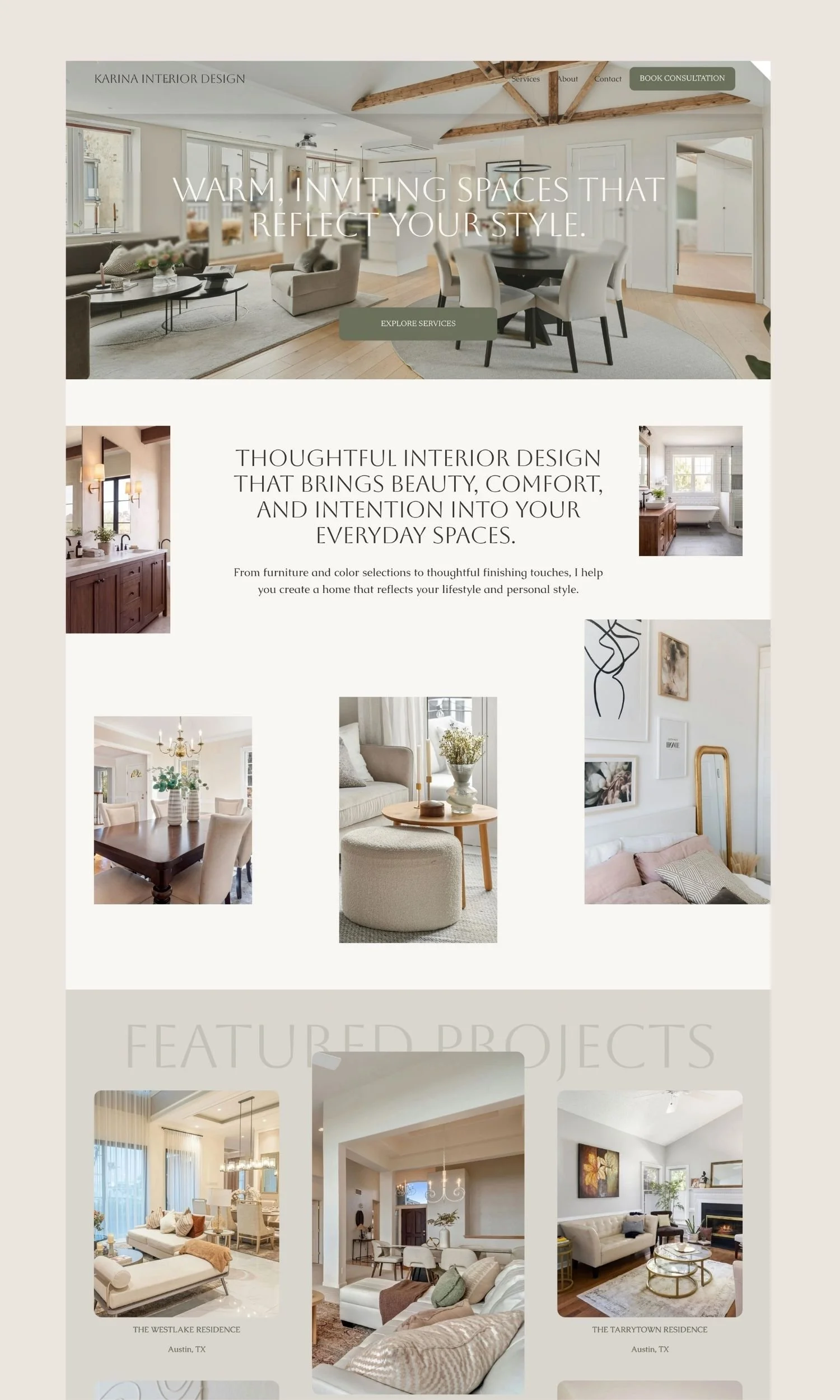 Interior design website homepage with images of modern living rooms, dining areas, and bedrooms, showcasing stylish furniture and decor in neutral tones and natural light.