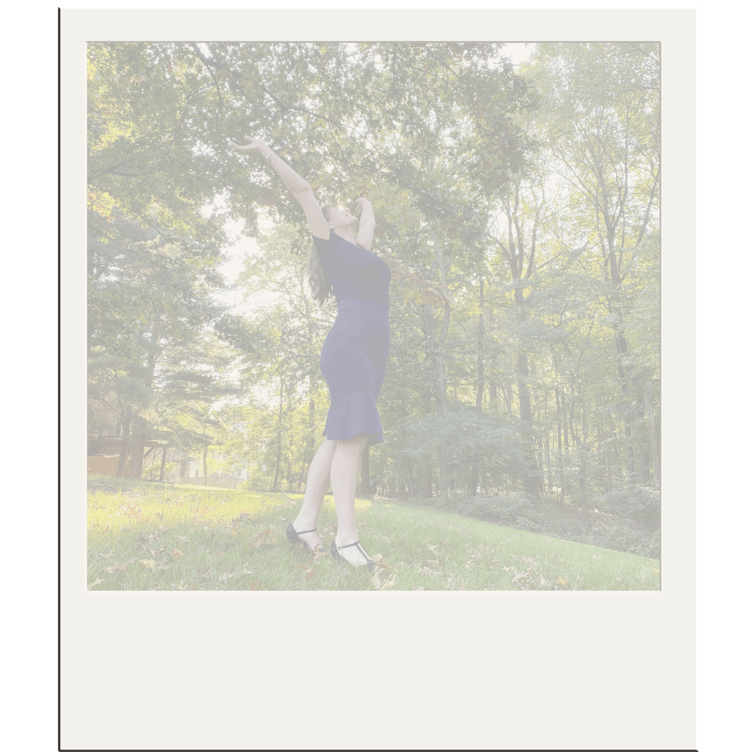 A woman in a black dress and high heels stretching her arms upward outdoors in a park with trees and sunlight.