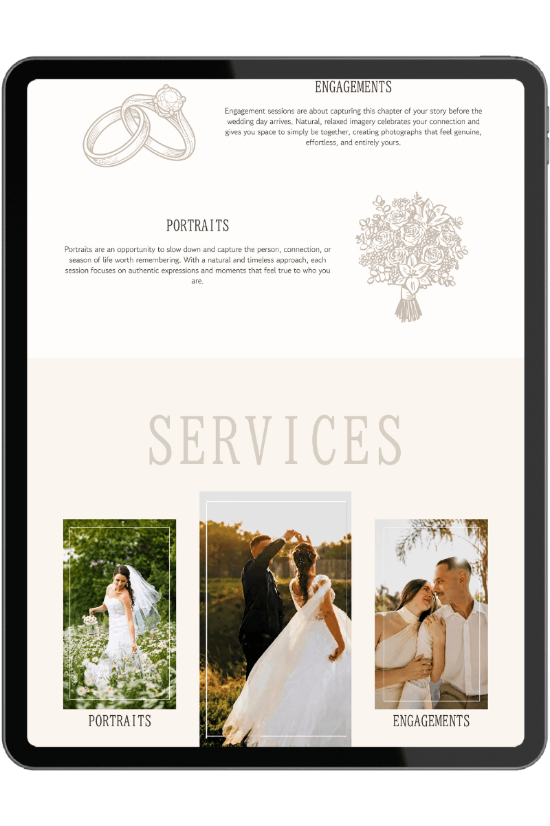 Tablet screen displaying wedding photography services, including portraits, engagement sessions, and wedding photos with images of couples and a bride in a field.
